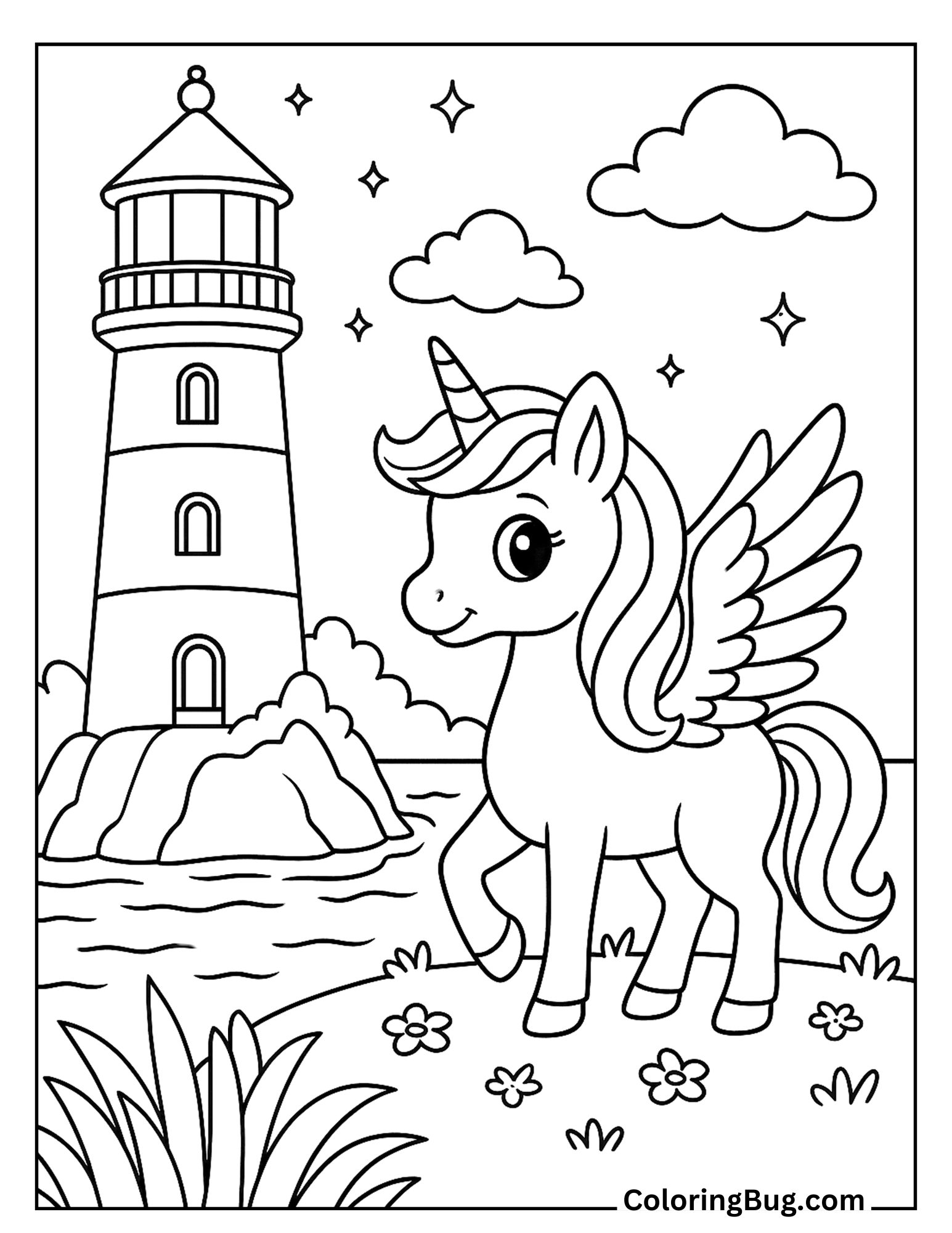 Alicorn Beside a Magical Lighthouse Coloring Sheet