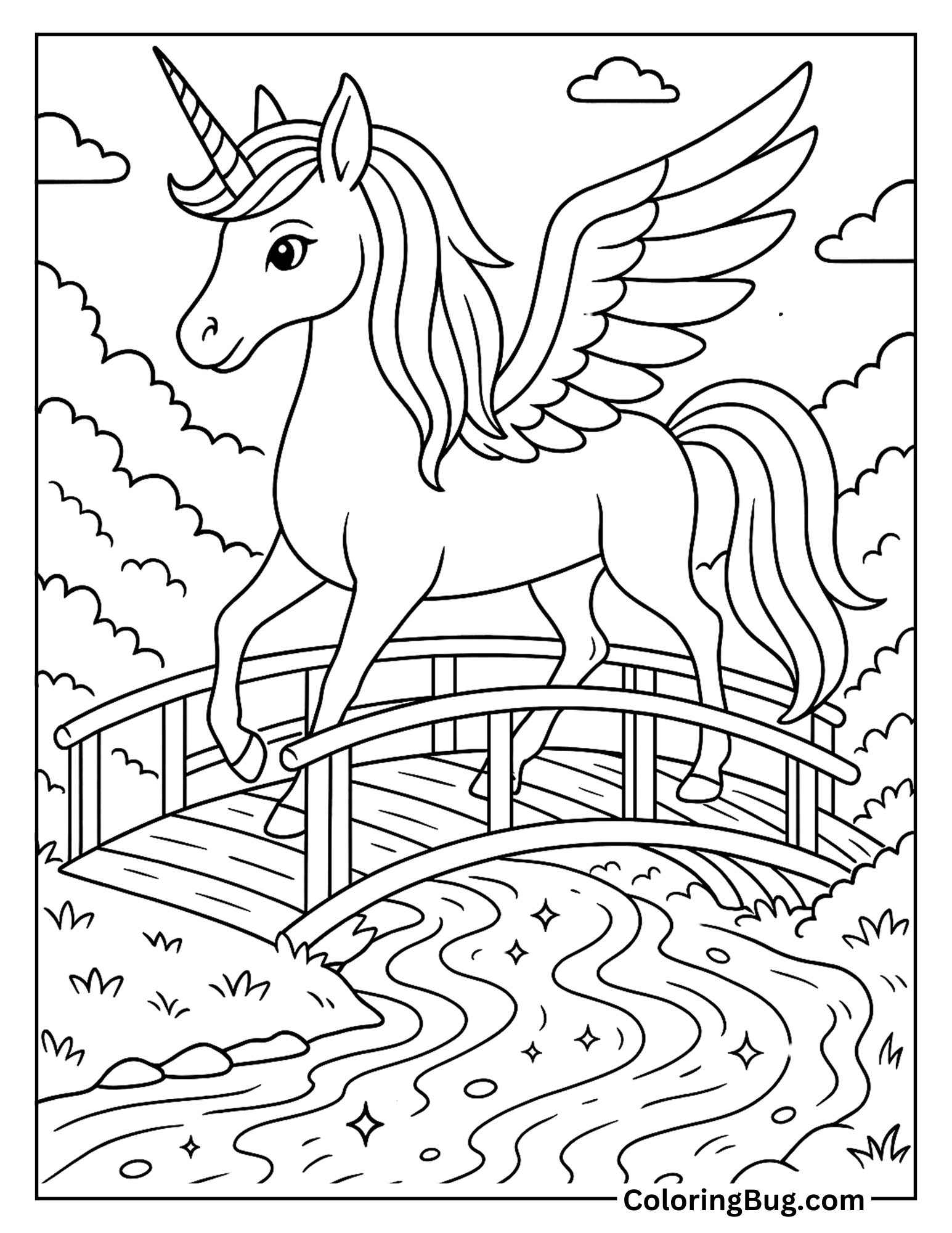 Alicorn Crossing  Bridge Over Magical Stream Coloring Sheet