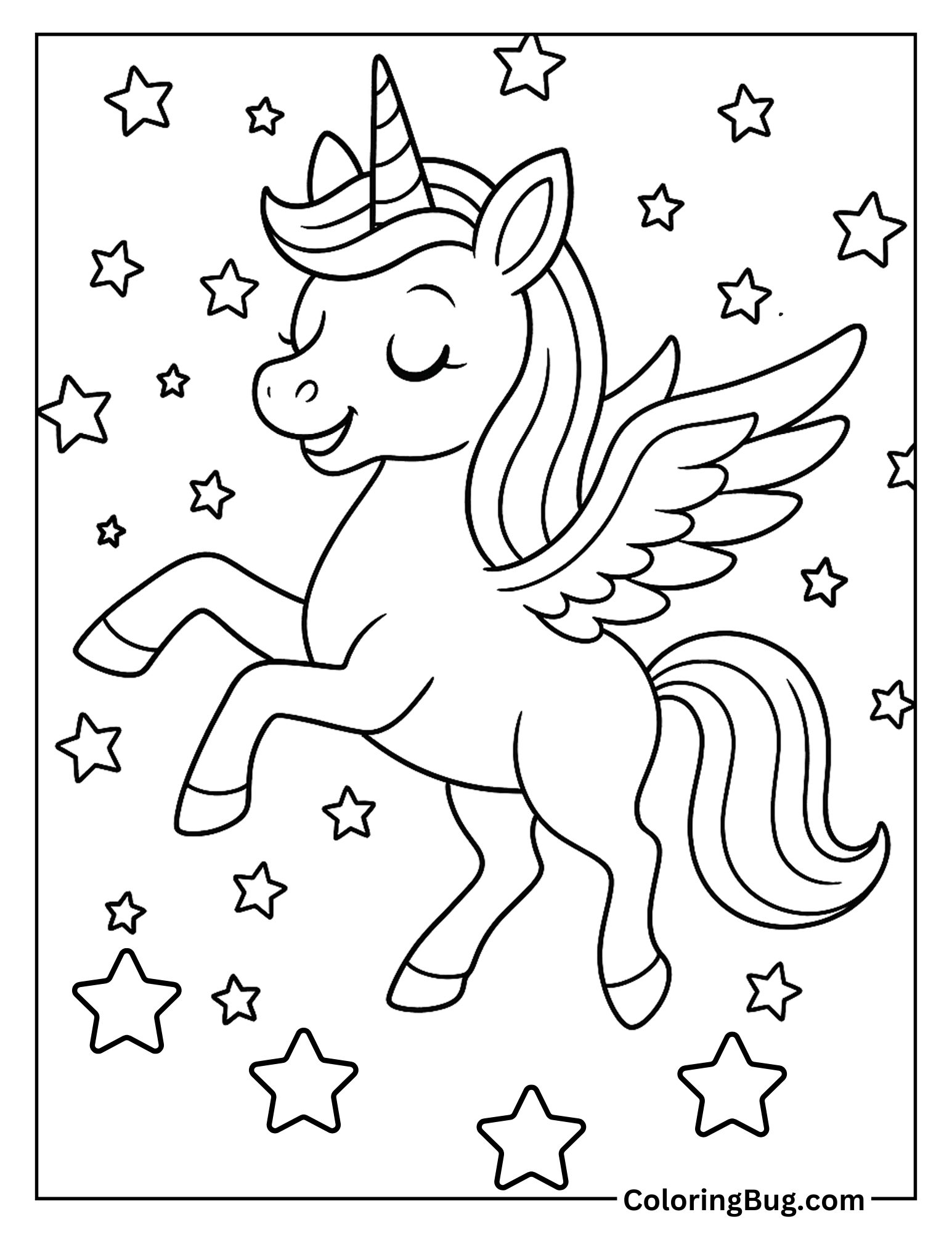 Alicorn Dancing Surrounded By Stars Coloring Sheet