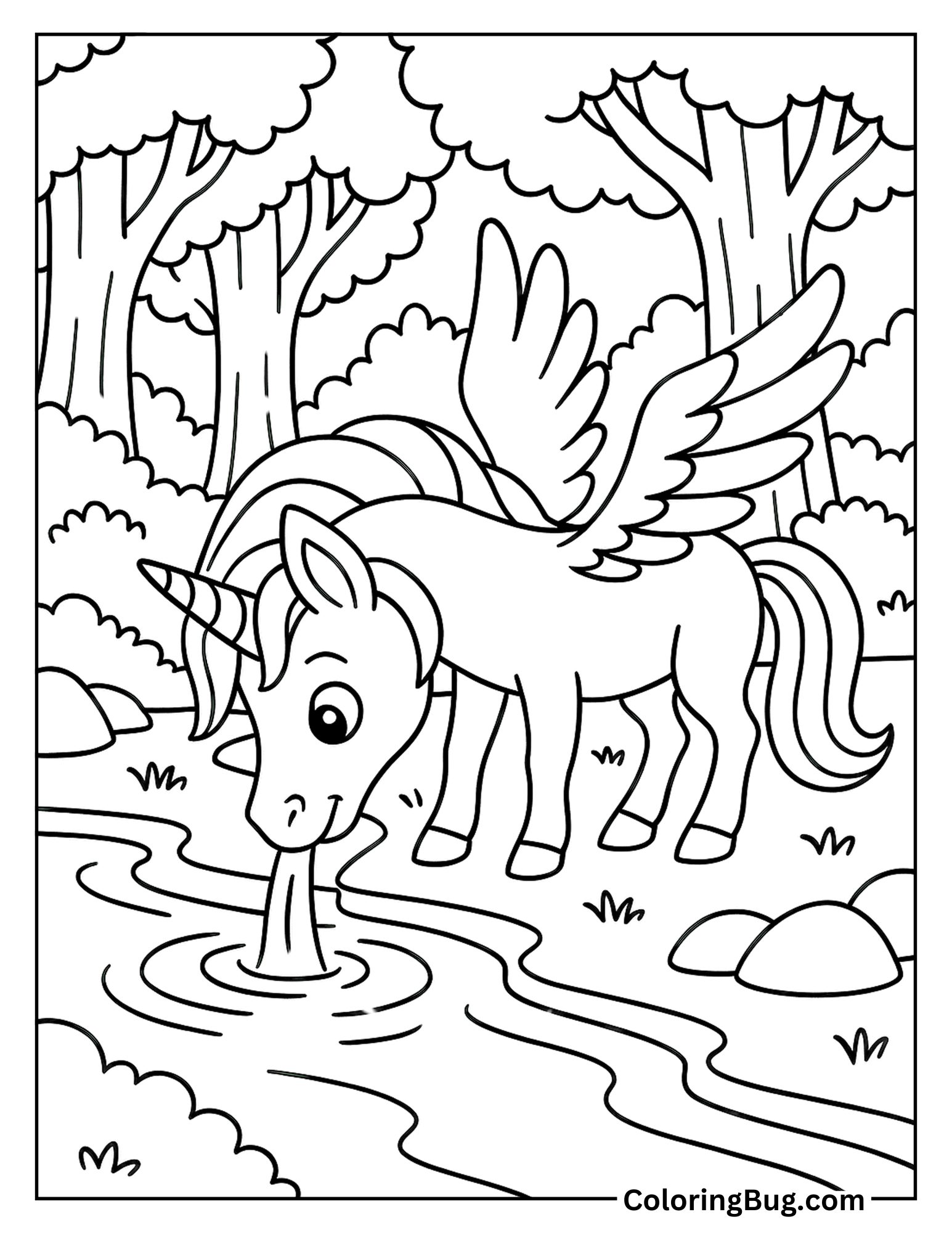 Alicorn Drinking Water From Stream in Forest Coloring Sheet