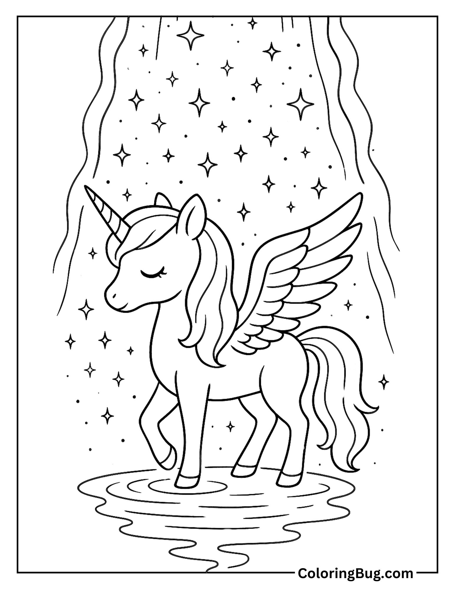 Alicorn Glowing Under a Magical Waterfall of Stardust Coloring Sheet
