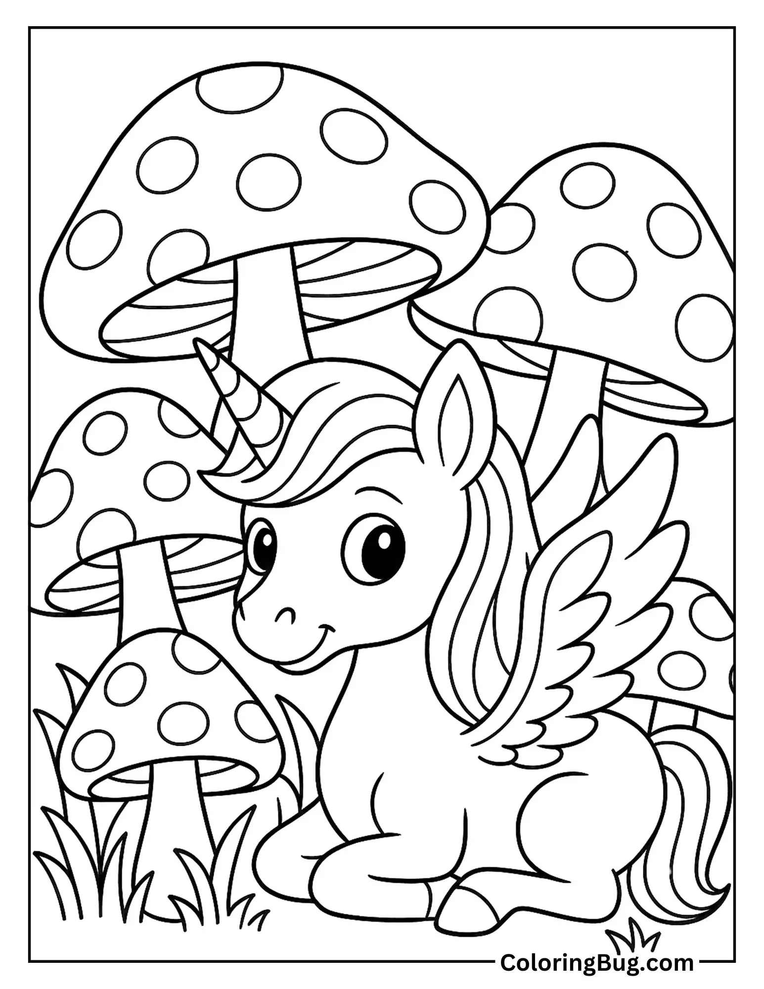 Alicorn Hiding in a Field of Giant Mushrooms Coloring Sheet