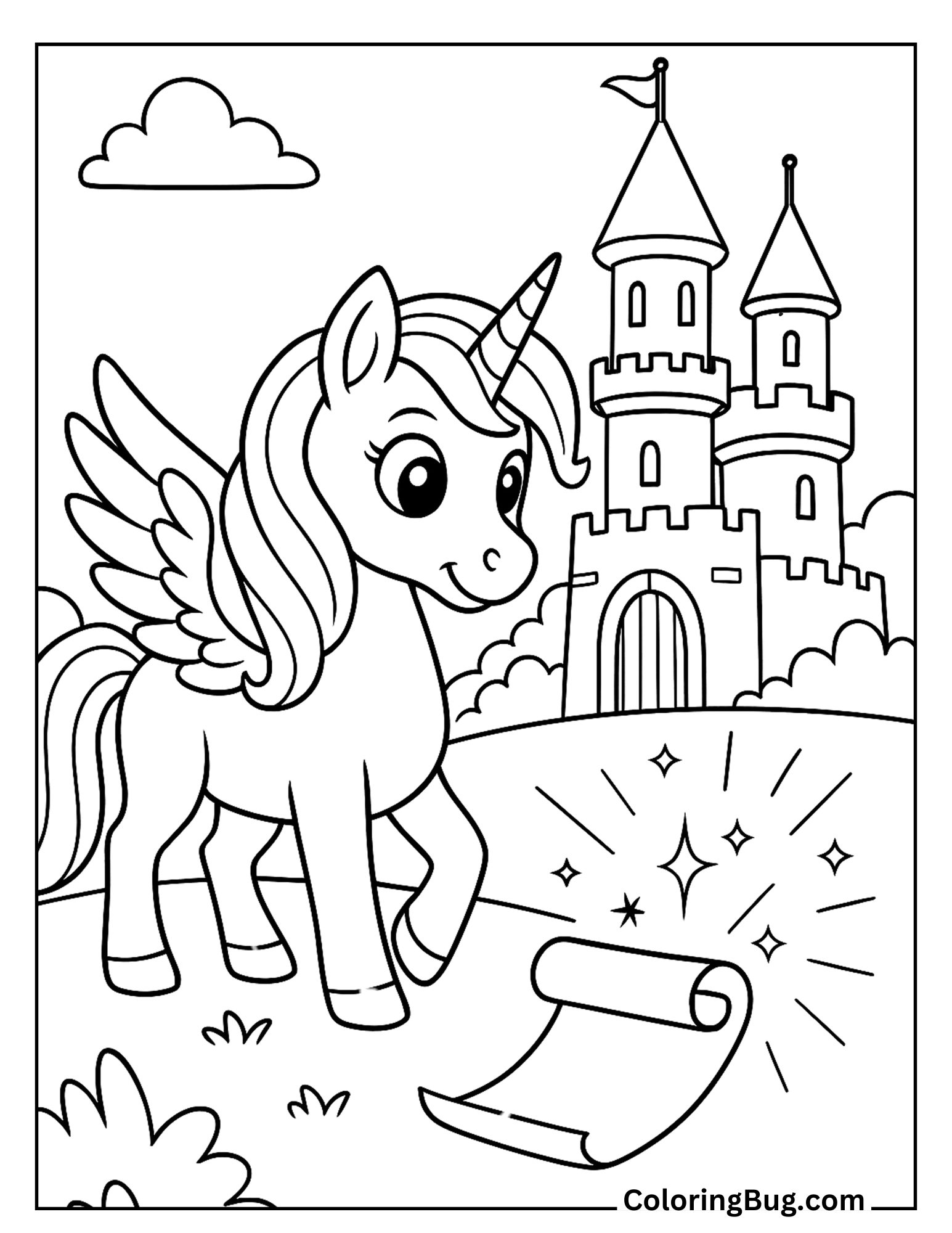 Alicorn Looking at a Glowing Scroll Near a Castle Coloring Sheet