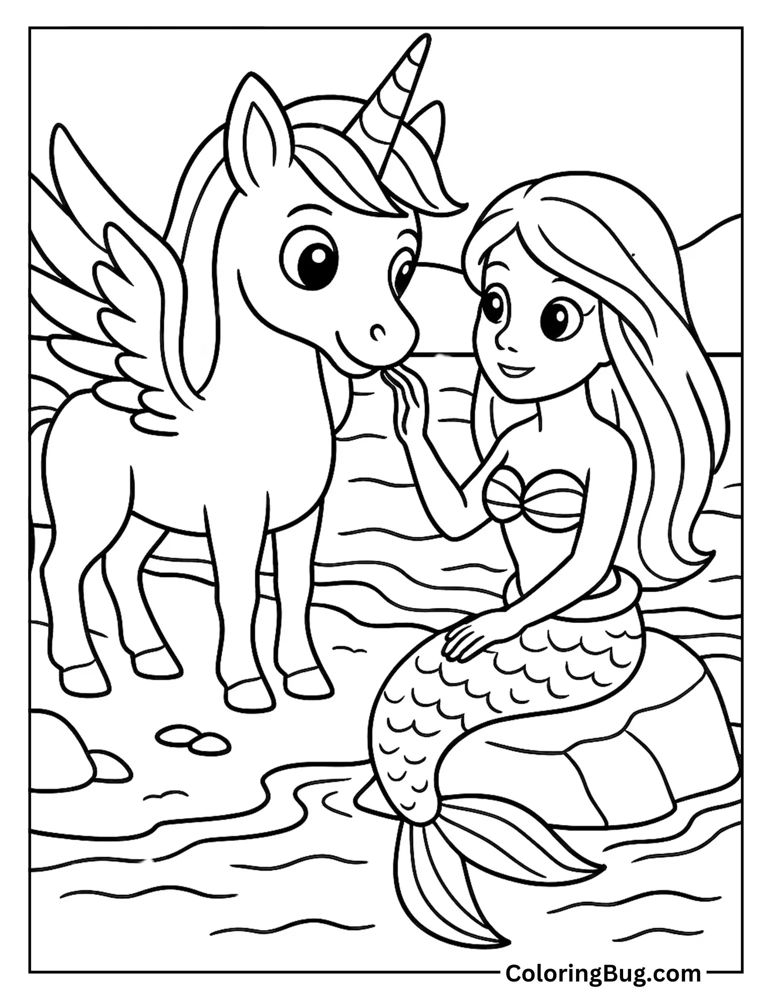Alicorn Meeting Mermaid Coloring Sheet