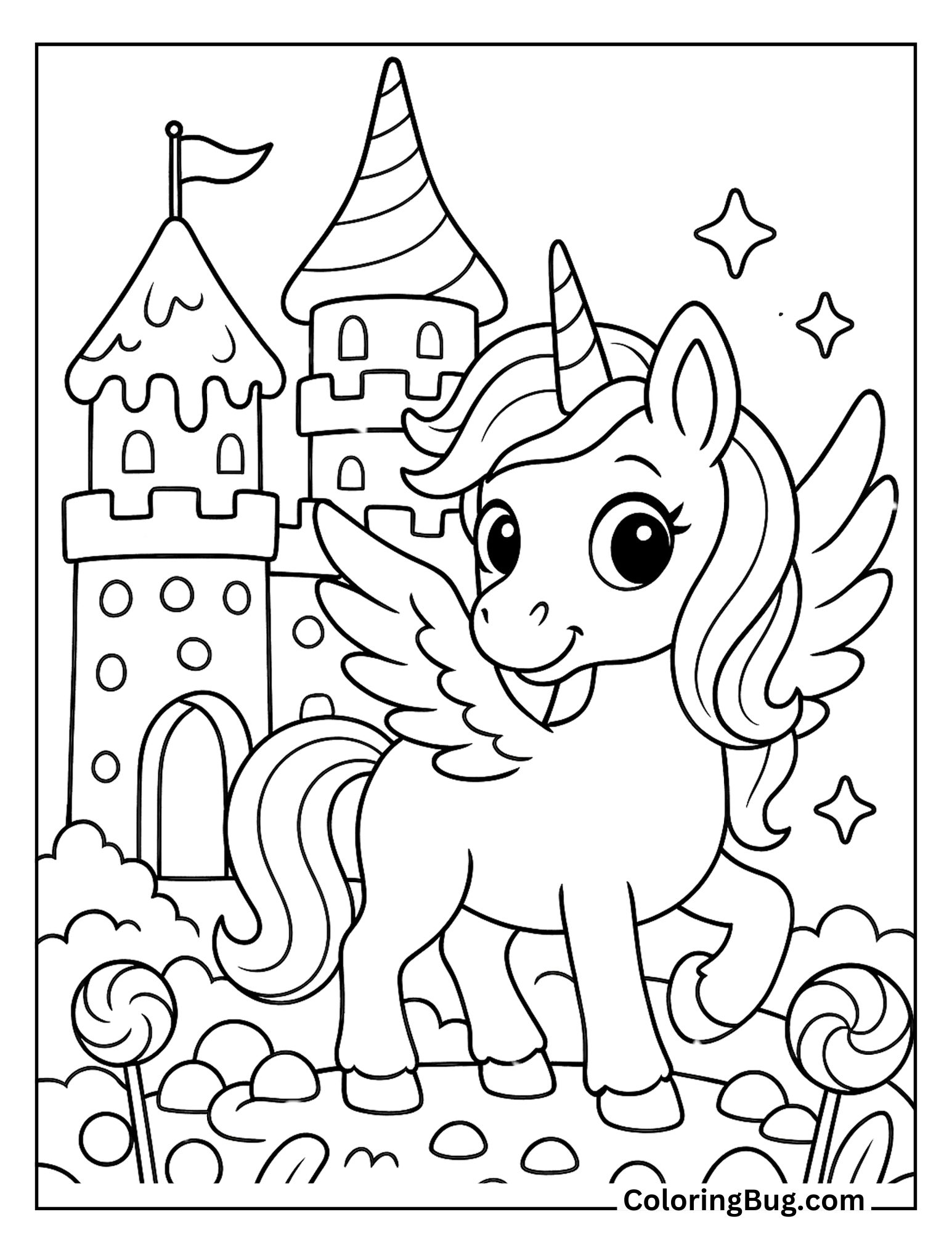 Alicorn Peeking From a Candy Castle Coloring Sheet