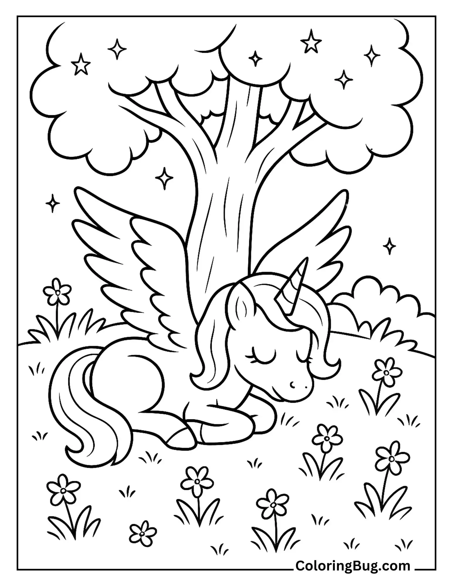 Alicorn Resting Under Magical Tree Coloring Sheet