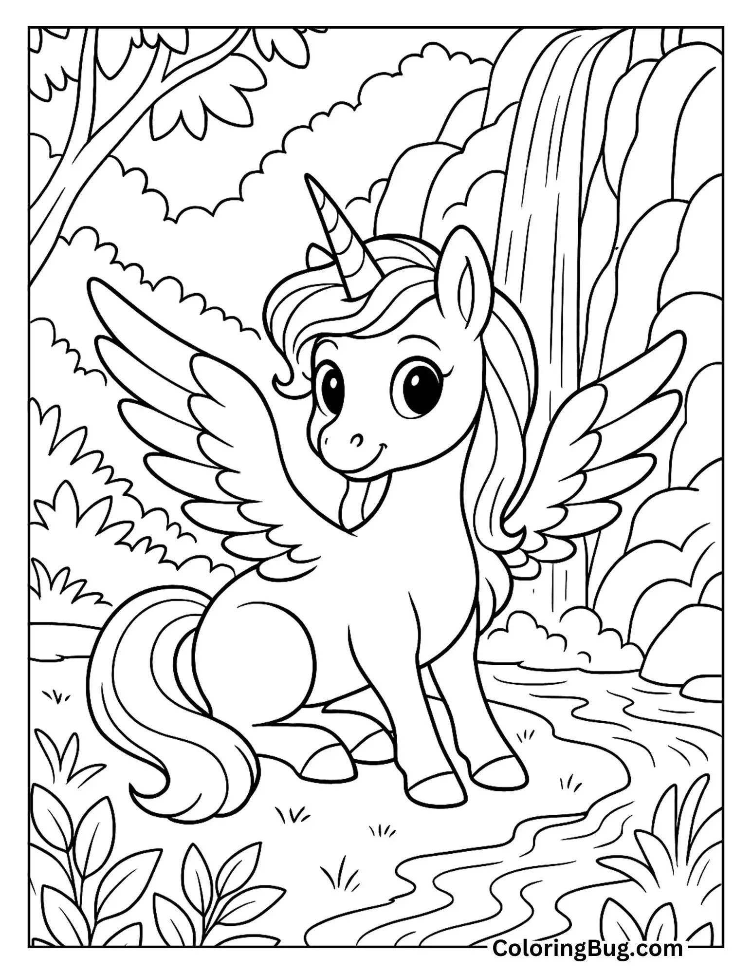 Alicorn Sitting Beside a Waterfall Coloring Sheet