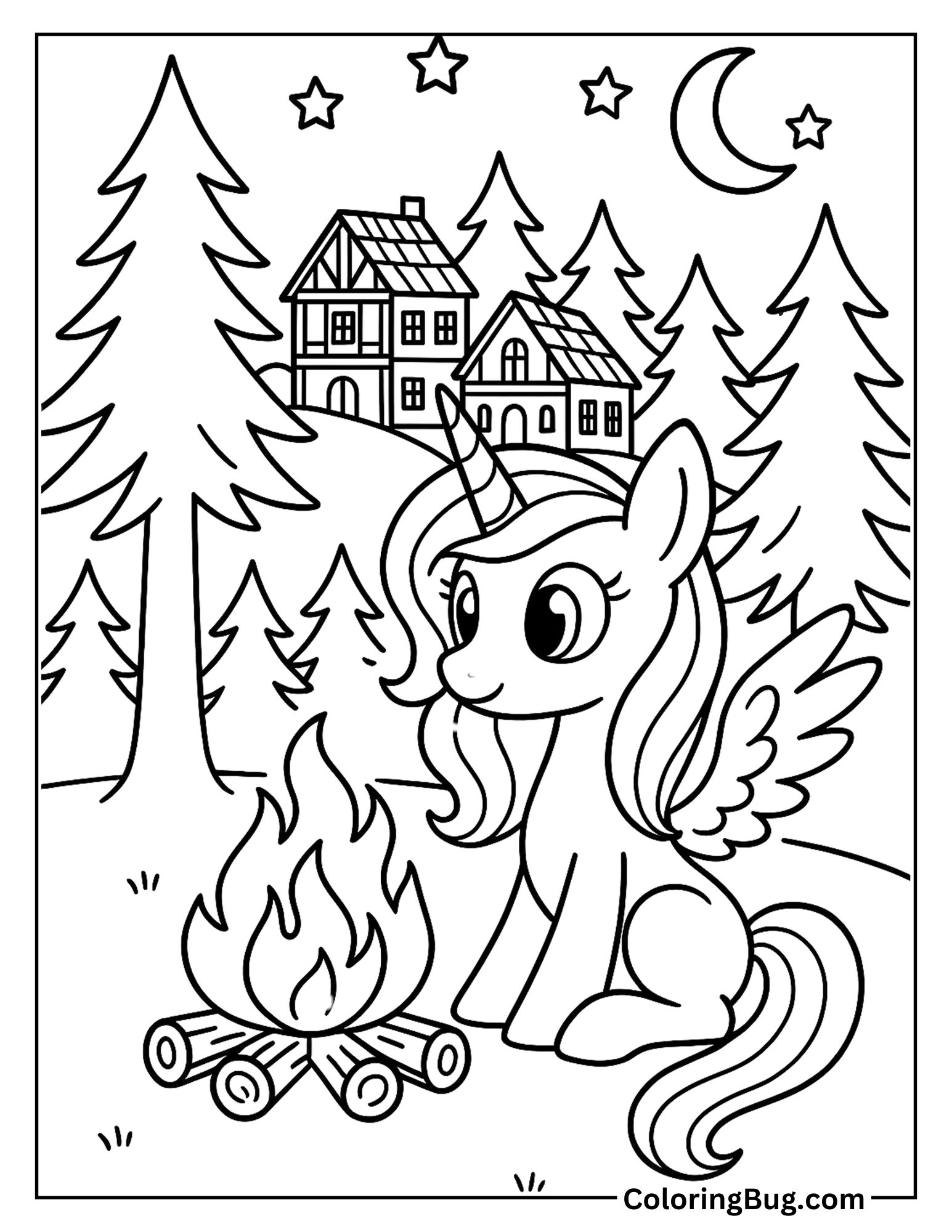 Alicorn Sitting Near Campfire Coloring Sheet