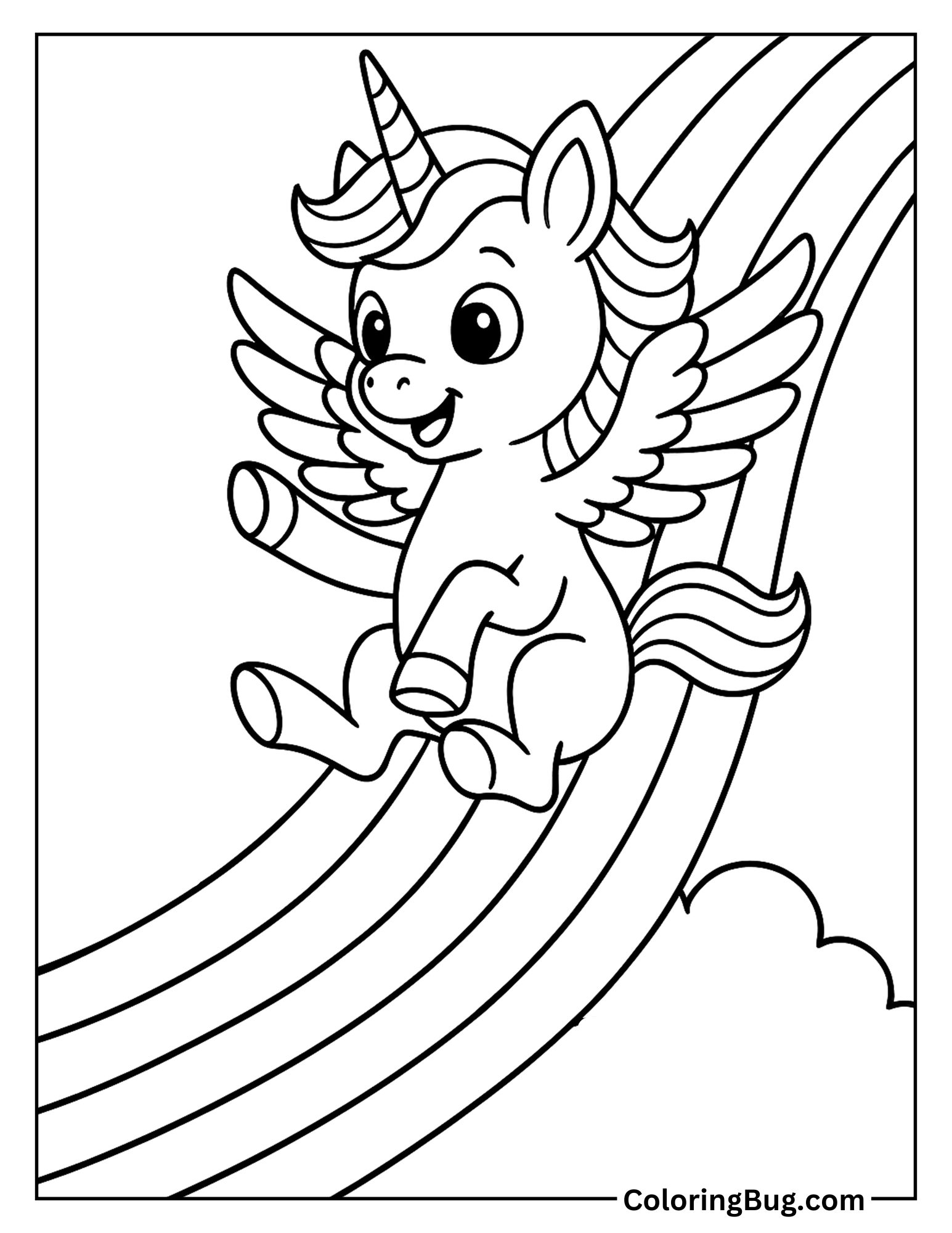 Alicorn Sliding Down a Rainbow Slide Coloring Sheet