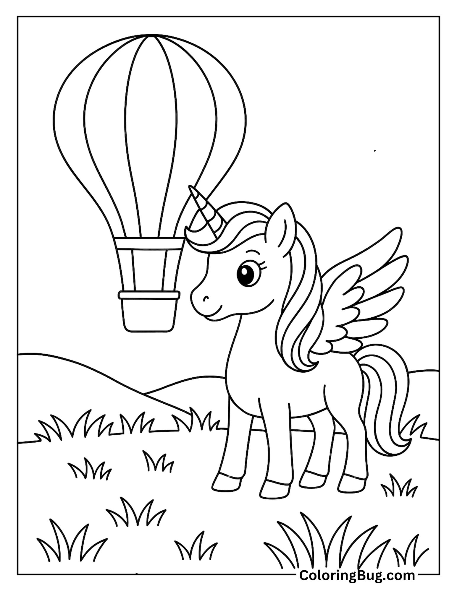 Alicorn Standing Near Hot Air Balloon Coloring Sheet