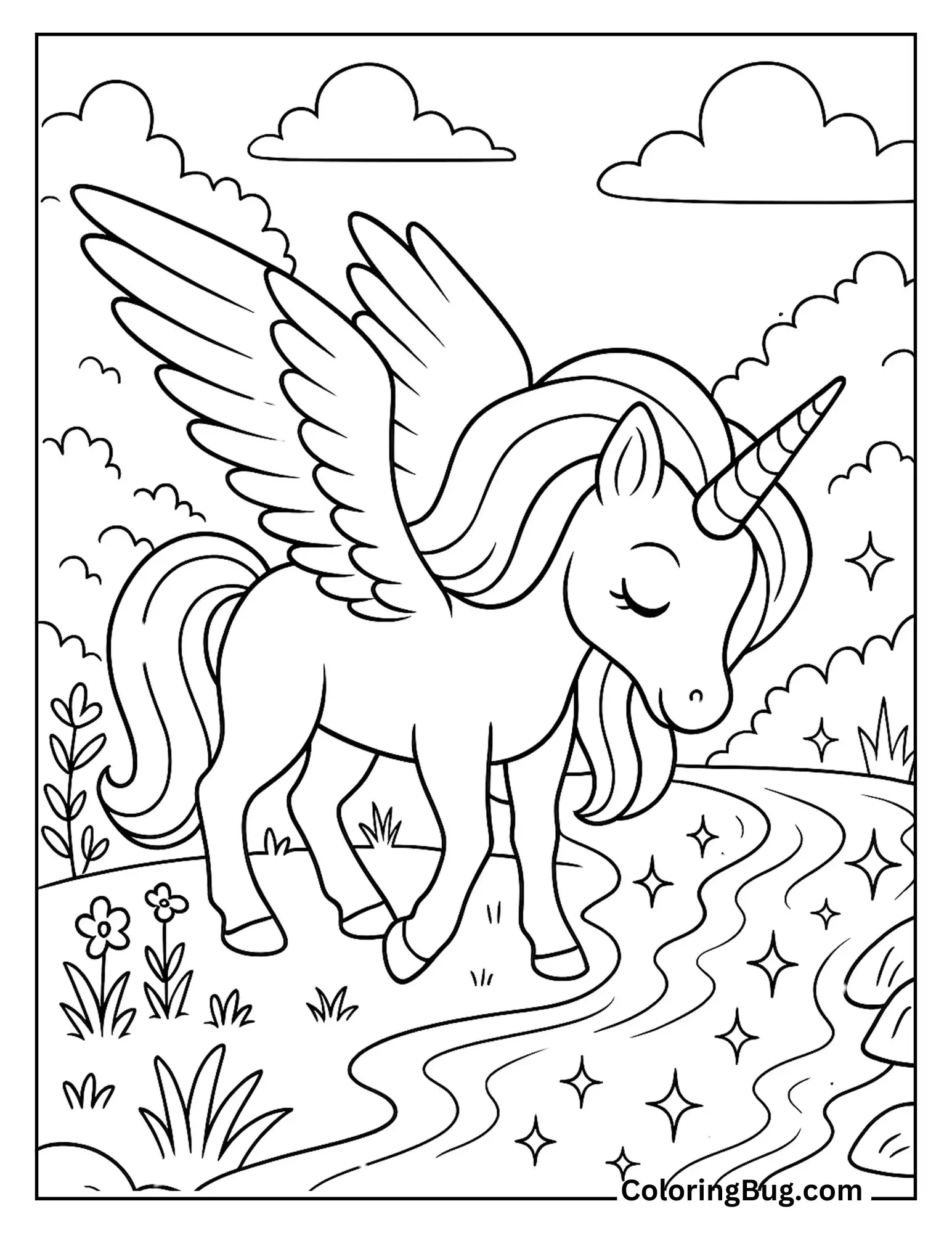 Alicorn Standing Near Sparkling Stream Coloring Sheet