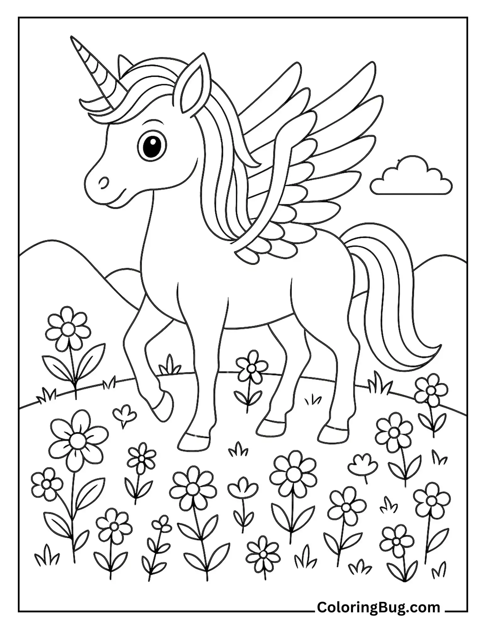 Alicorn Standing in Flowers Garden Coloring Sheet