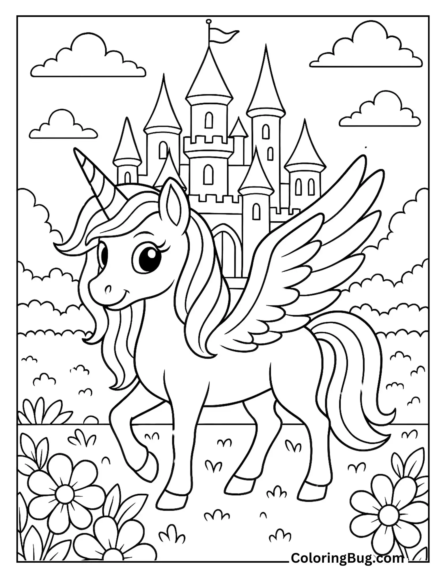 Alicorn Standing in Front of Castle Coloring Sheet