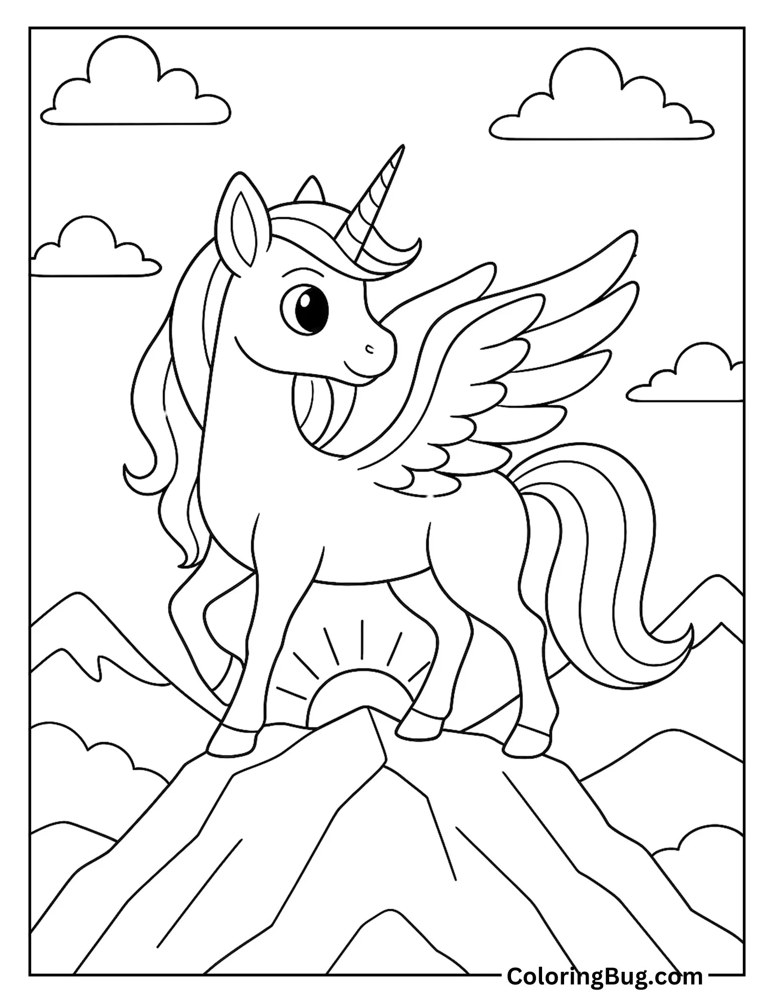 Alicorn Standing on Mountain Peak Coloring Sheet