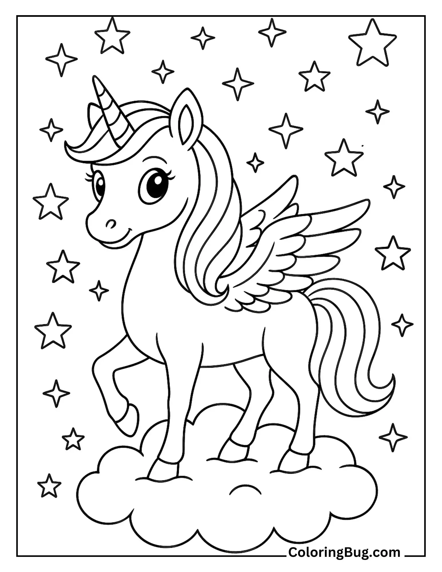 Alicorn Standing on a Cloud With Stars Around Coloring Sheet
