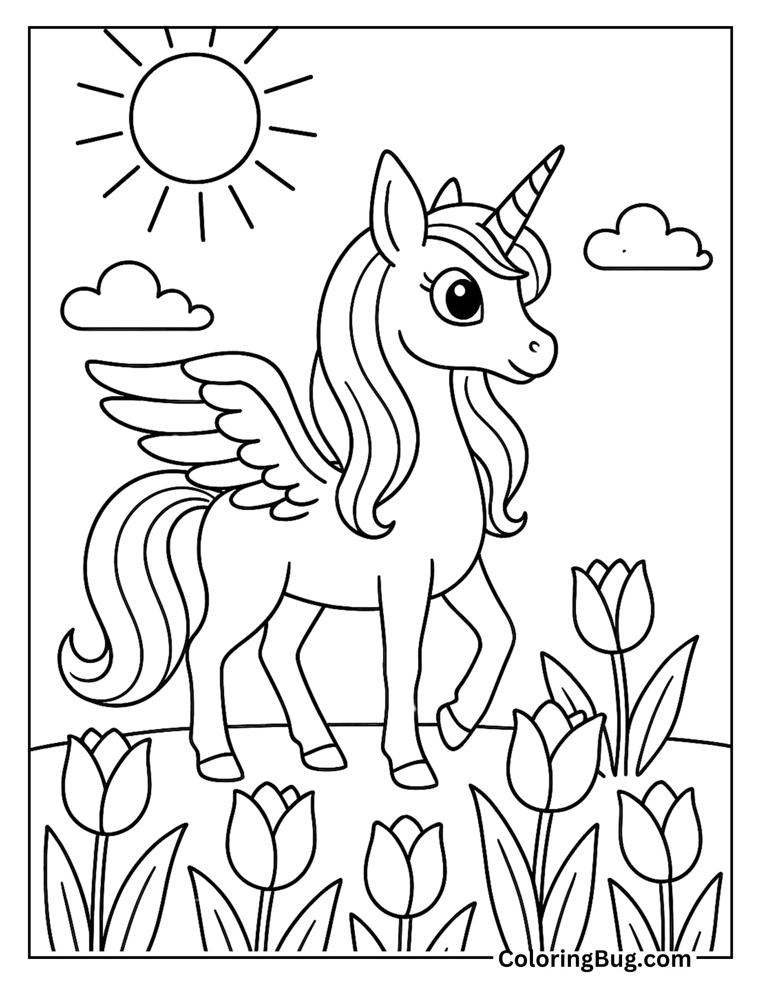 Alicorn Surrounded By Tulips in Meadow Coloring Sheet