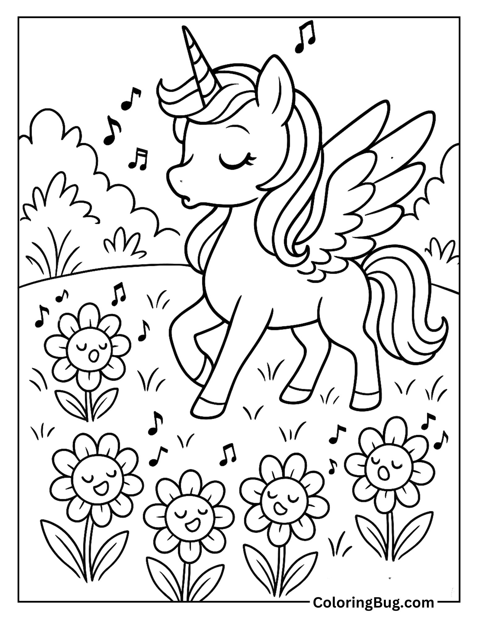 Alicorn Surrounded by Singing Flowers in a Whispering Meadow Coloring Sheet