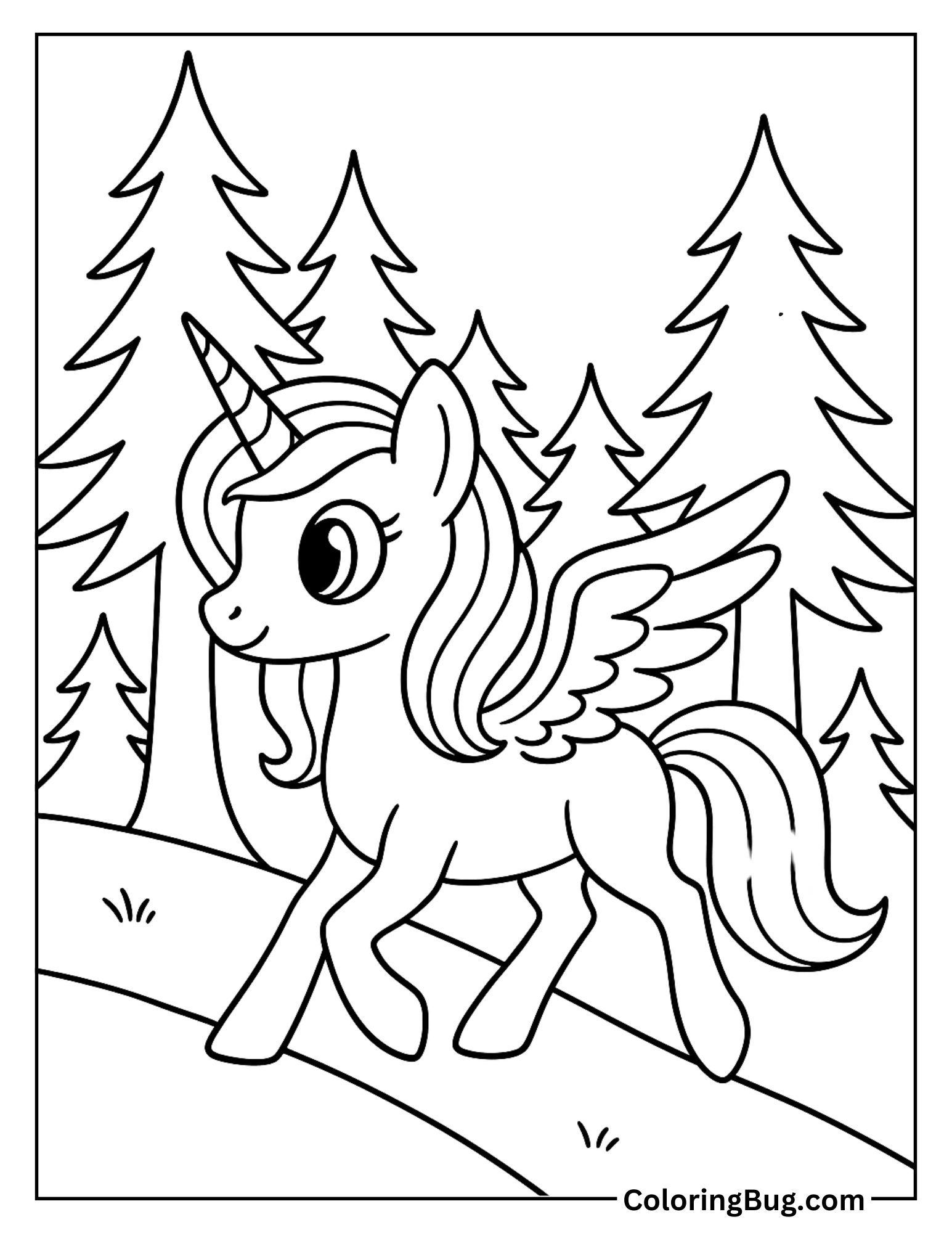 Alicorn Walking Through Forest Coloring Sheet