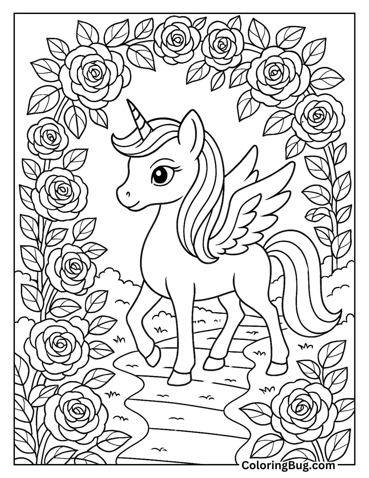 Alicorn Walking Through Roses Garden Coloring Sheet