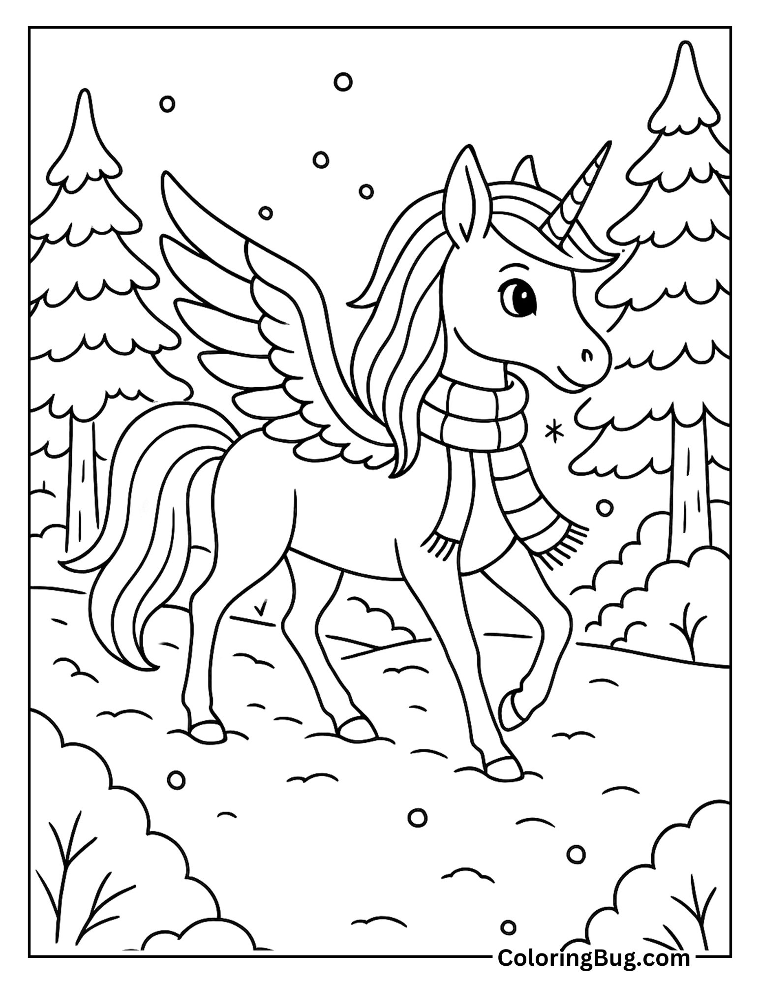 Alicorn Walking Through Snowy Forest Coloring Sheet