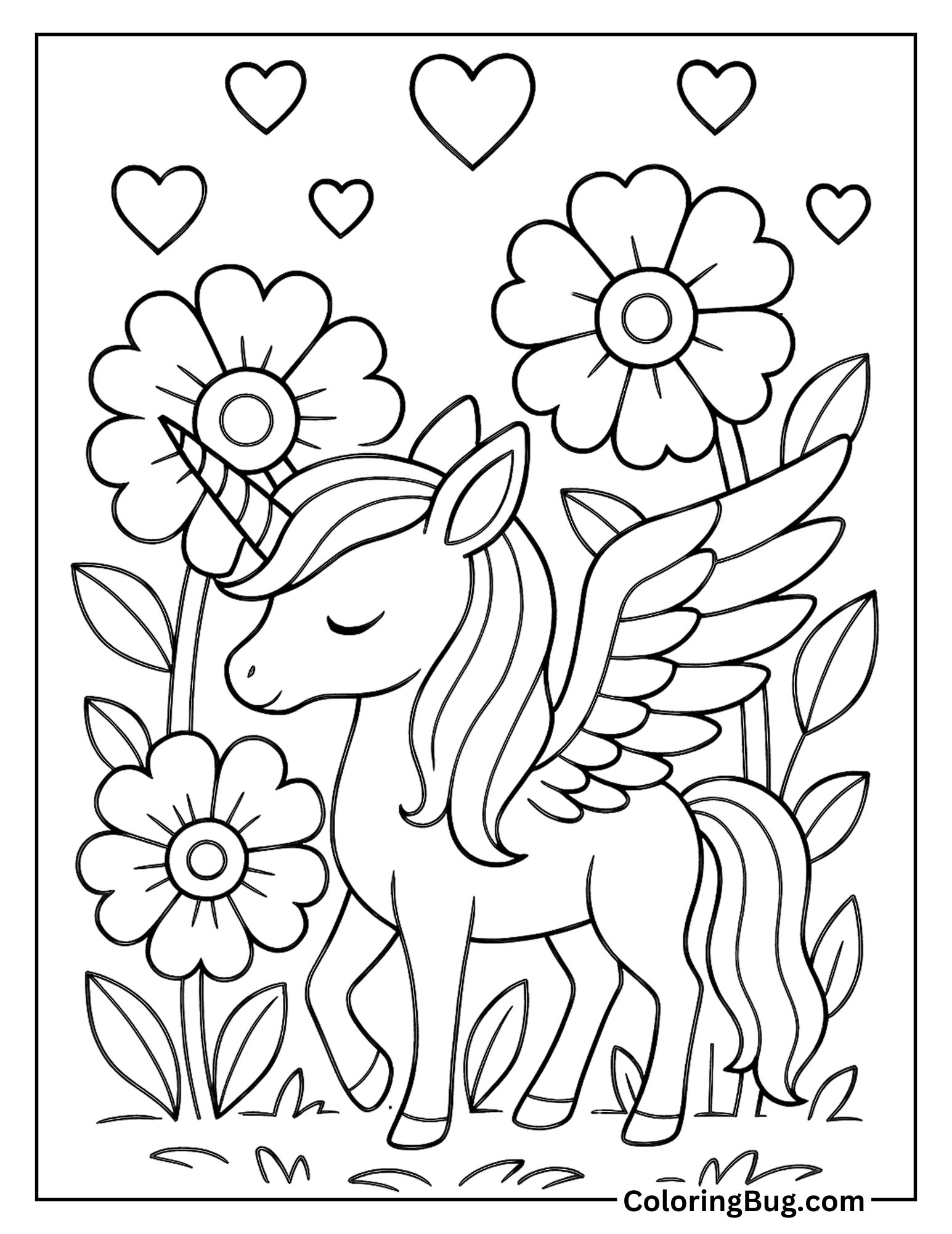 Alicorn With Hearts And Flowers Coloring Sheet