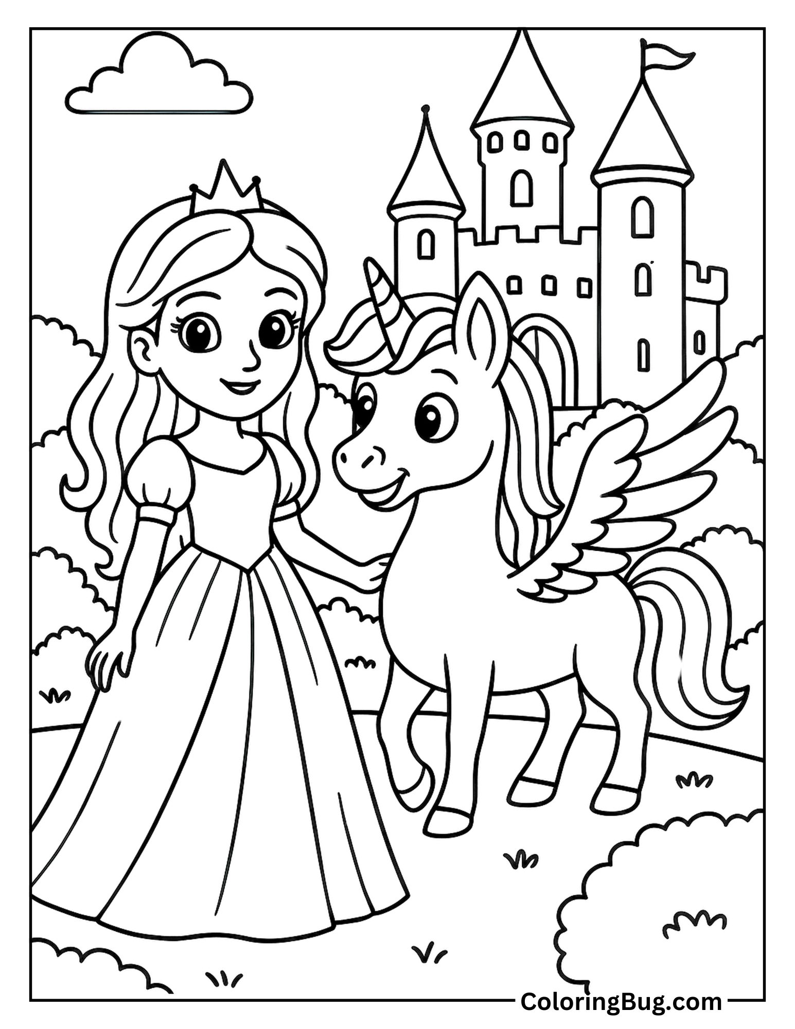 Alicorn With Princess in Front of Castle Coloring Sheet
