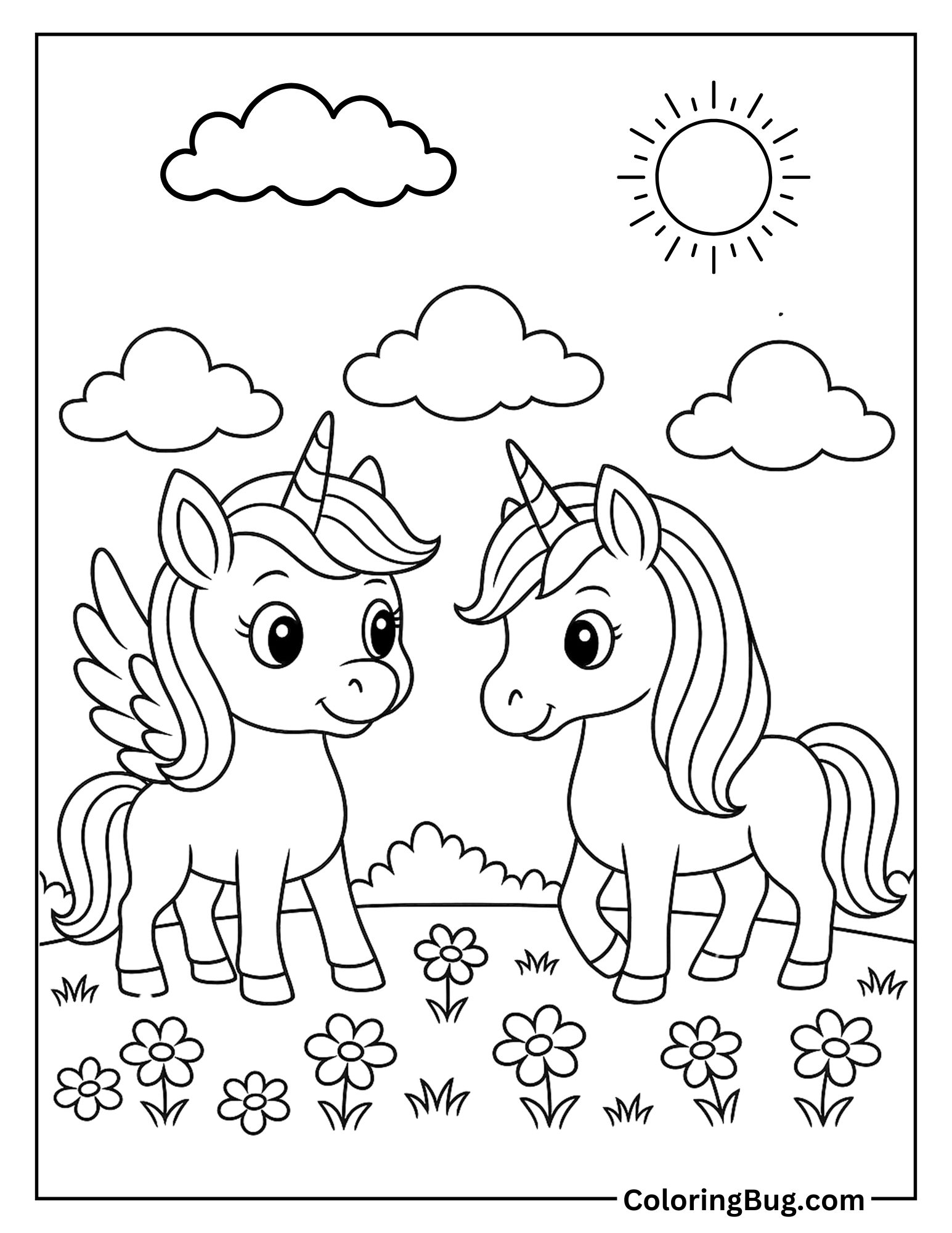 Alicorn With Unicorn in Meadow Coloring Sheet