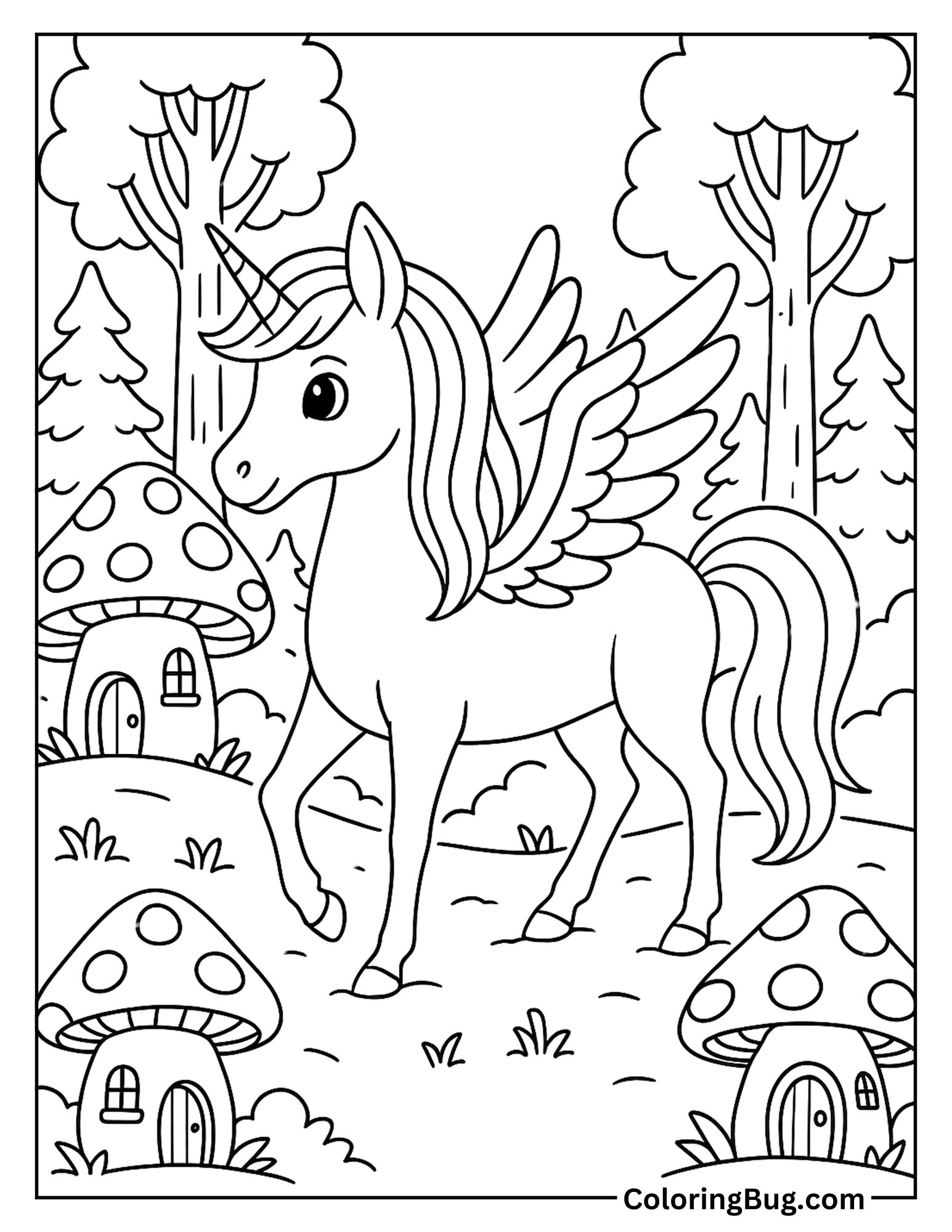 Alicorn in Fairy Forest Coloring Sheet