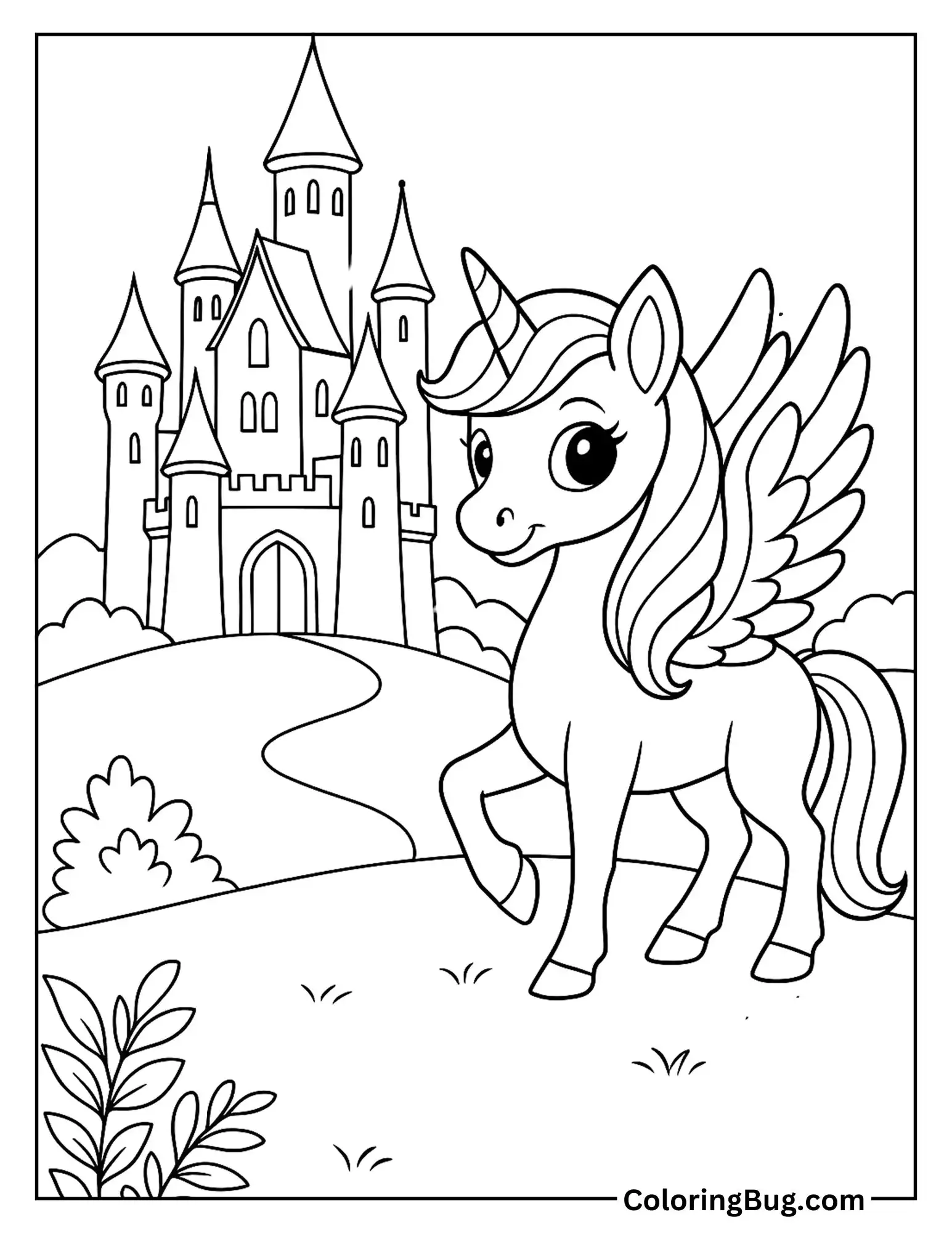 Alicorn in Front Fairytale Castle Coloring Sheet