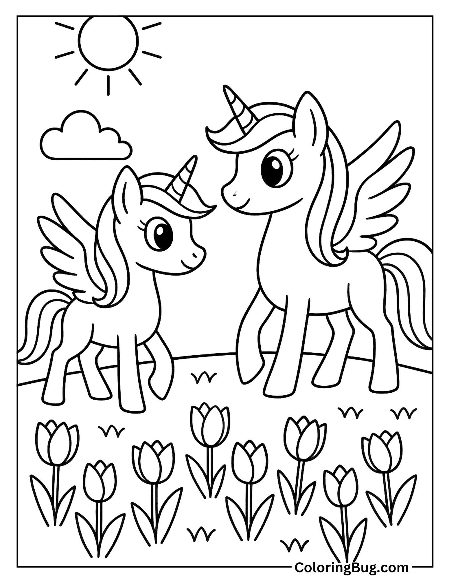 Alicorns in Tulips Field Coloring Sheet