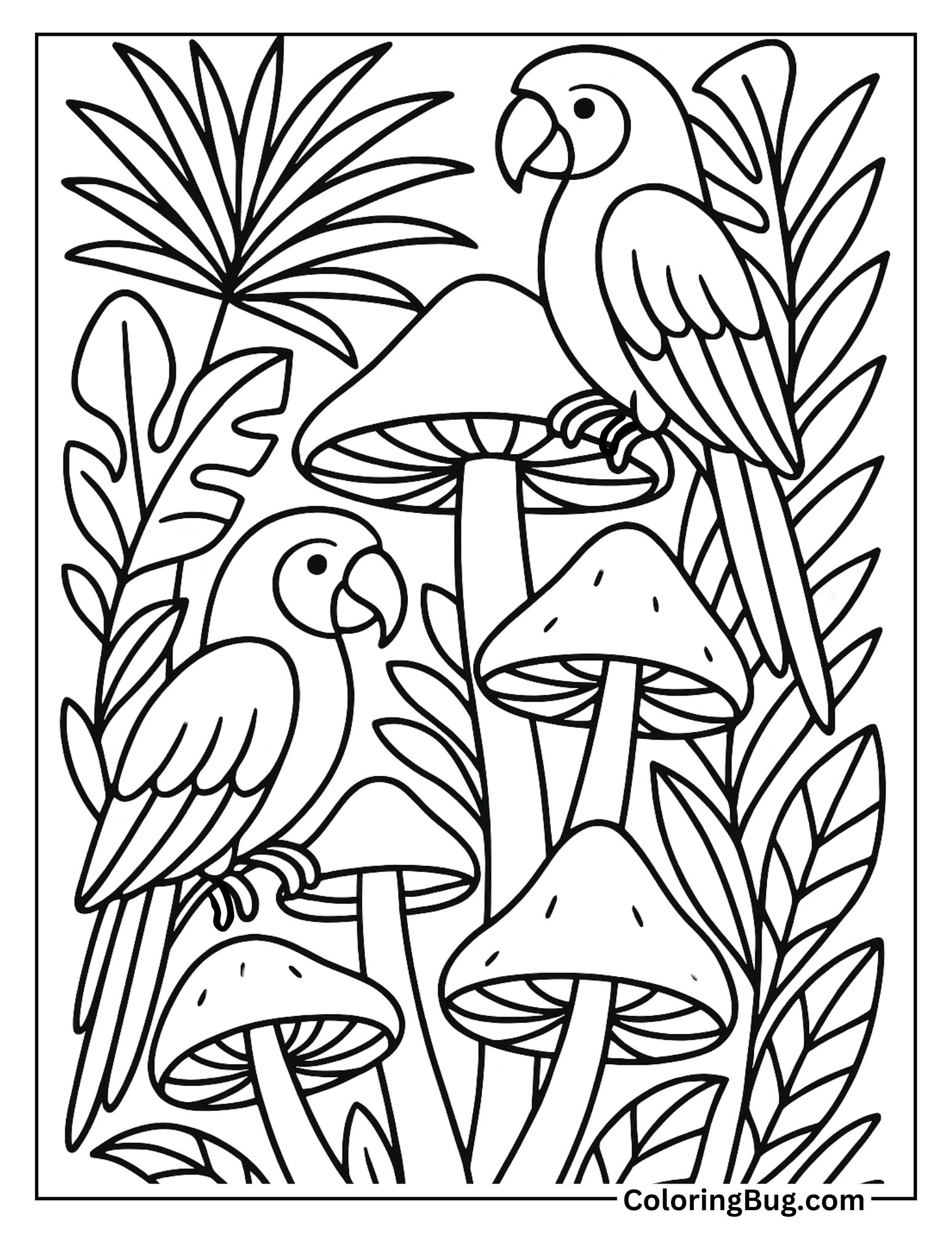Amazon Jungle Mushrooms with Parrots Coloring Sheet