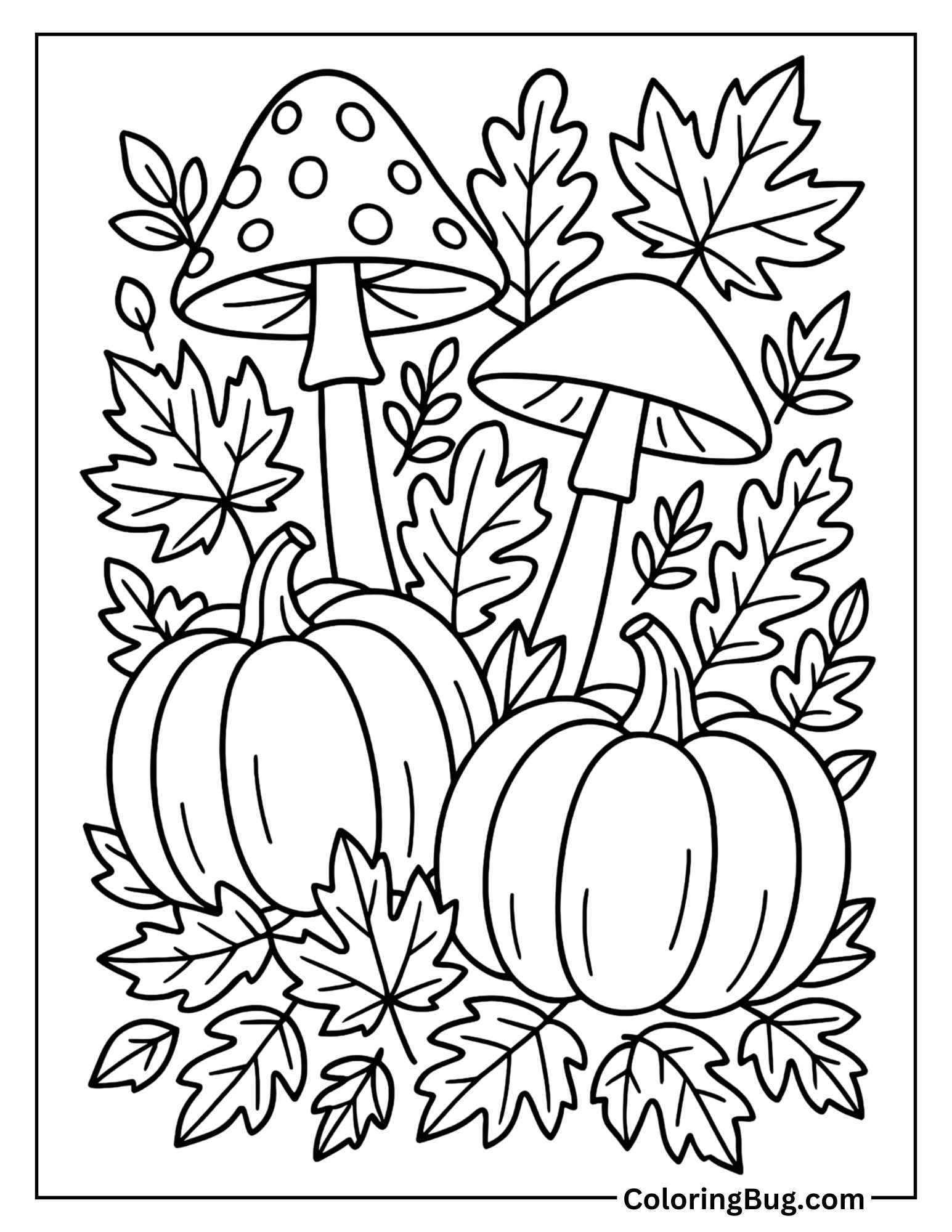 Autumn Mushrooms with Pumpkins and Leaves Coloring Sheet