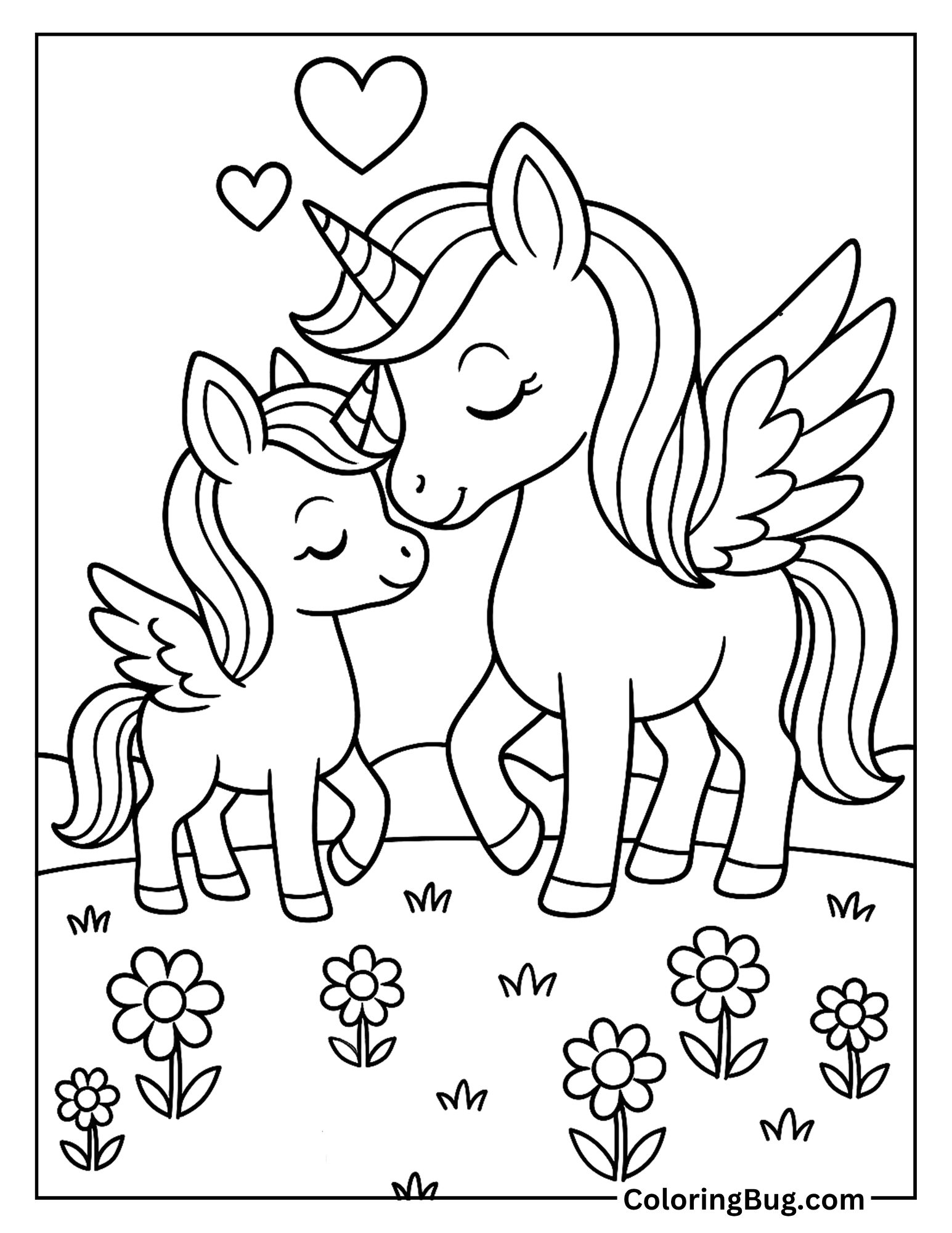 Baby Alicorn With Mama Alicorn Coloring Sheet