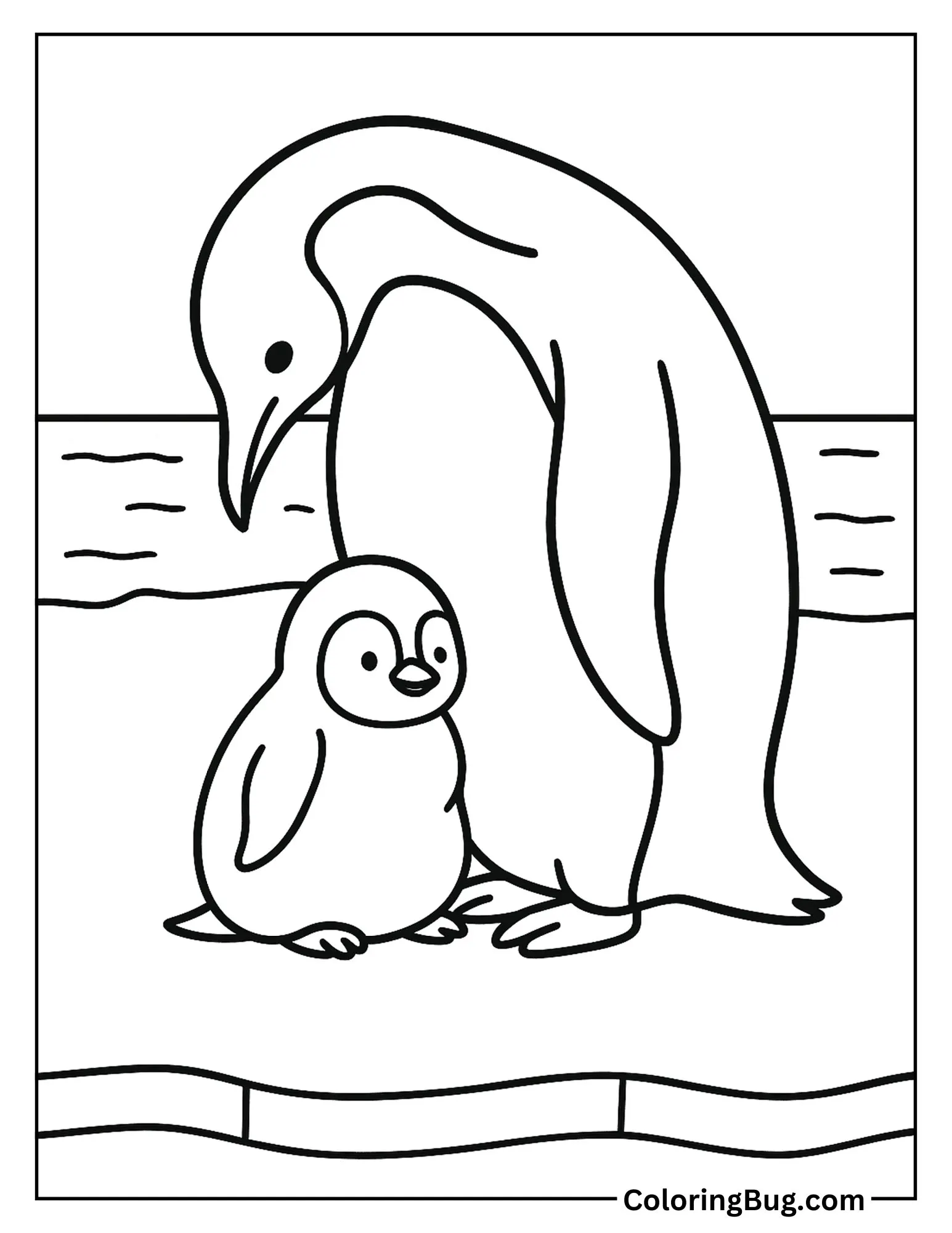 
Baby Penguin Snuggled Under Parent&rsquo;s Belly Coloring Sheet