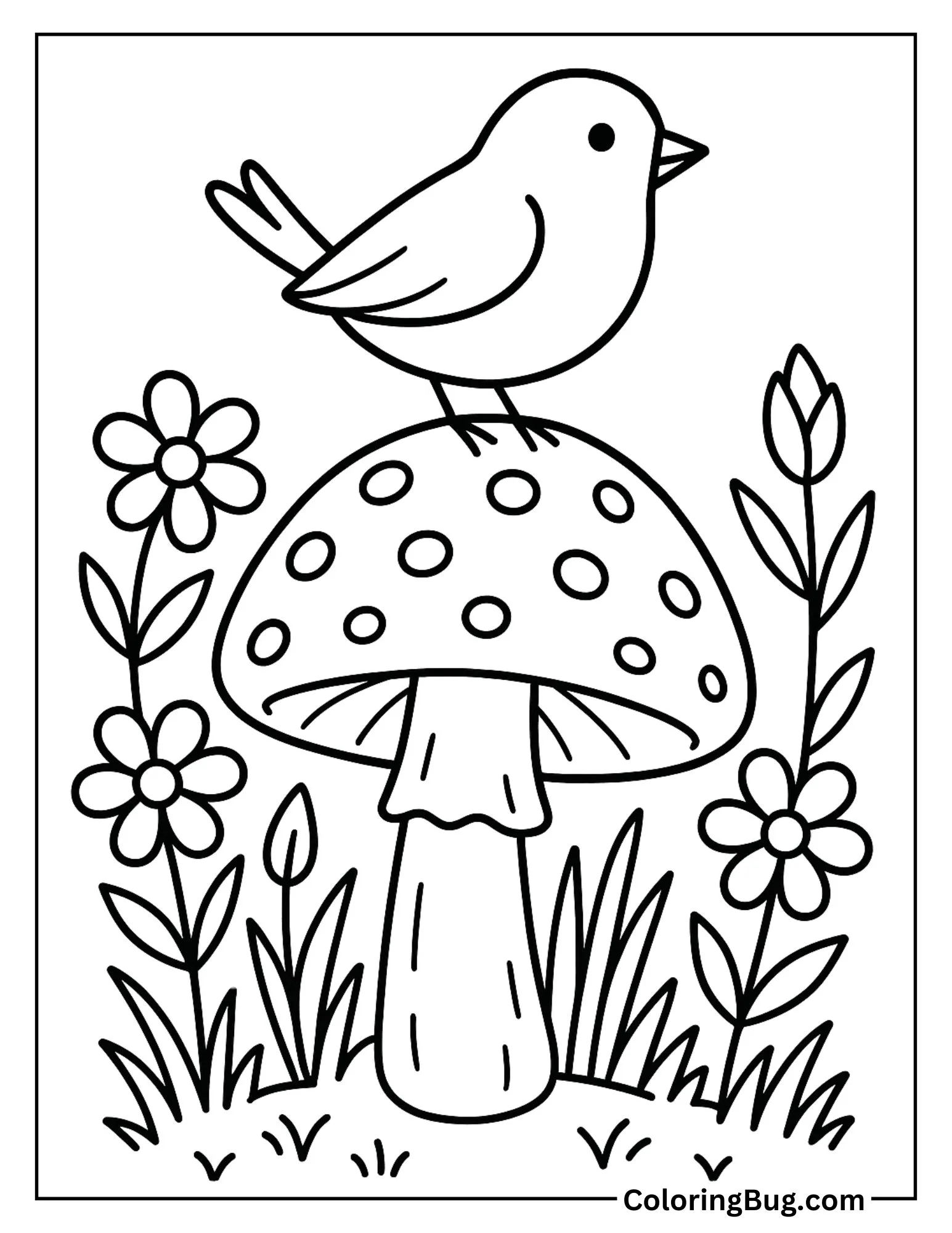 Bird Perched on Top of a Mushroom Cap Coloring Sheet