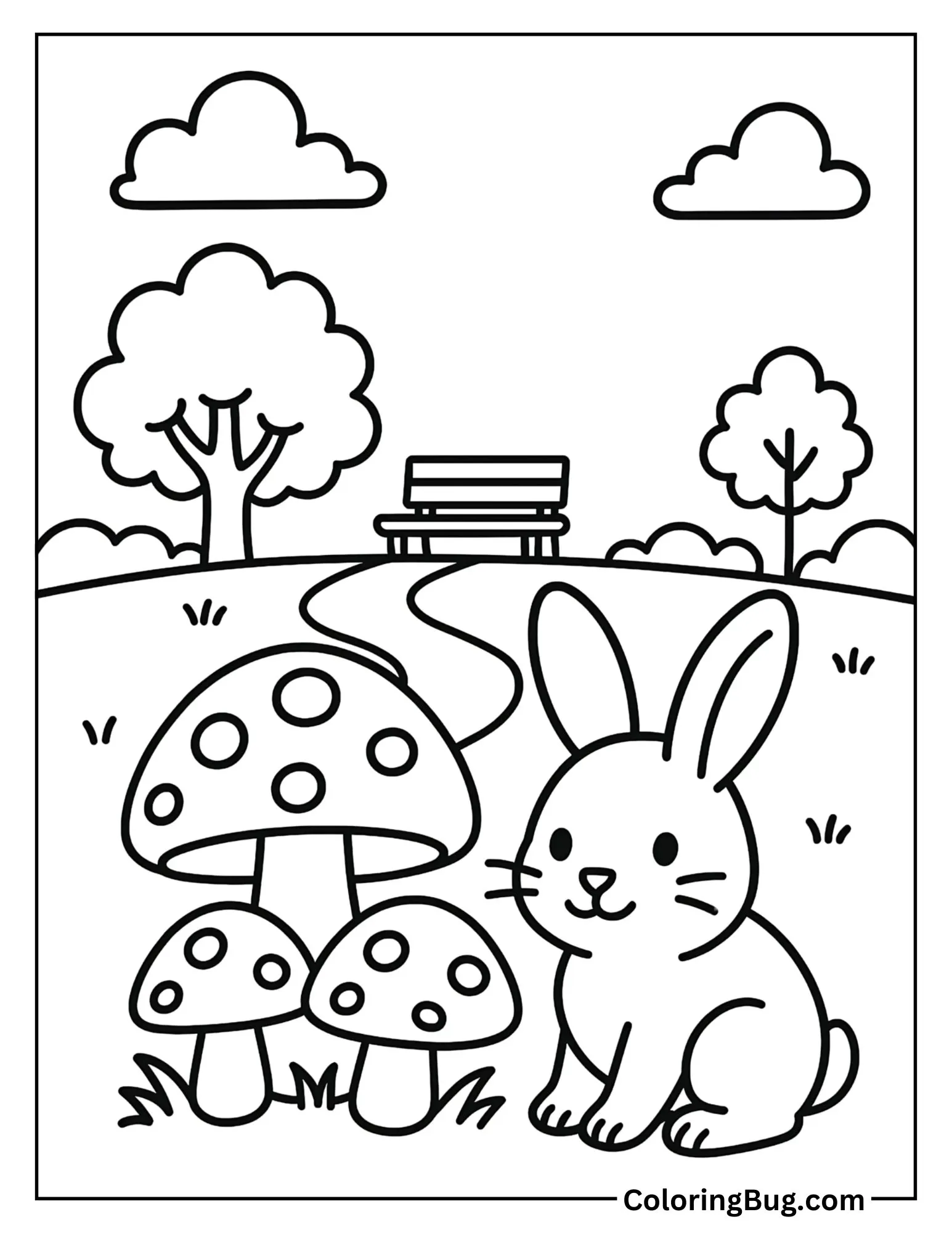 Bunny Hiding Beside Mushrooms in Park Coloring Sheet