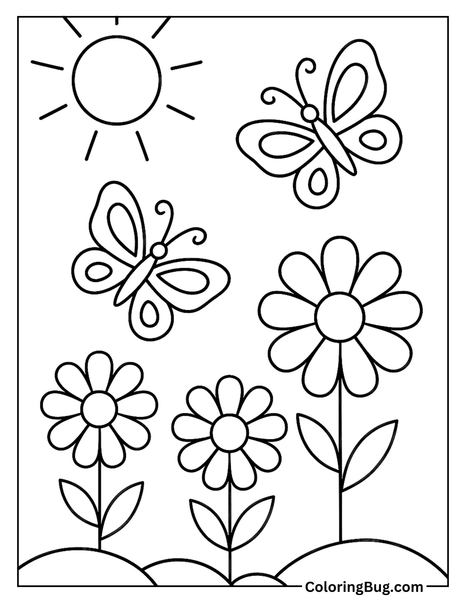 
Butterflies Flying Over Flowers Coloring Sheet