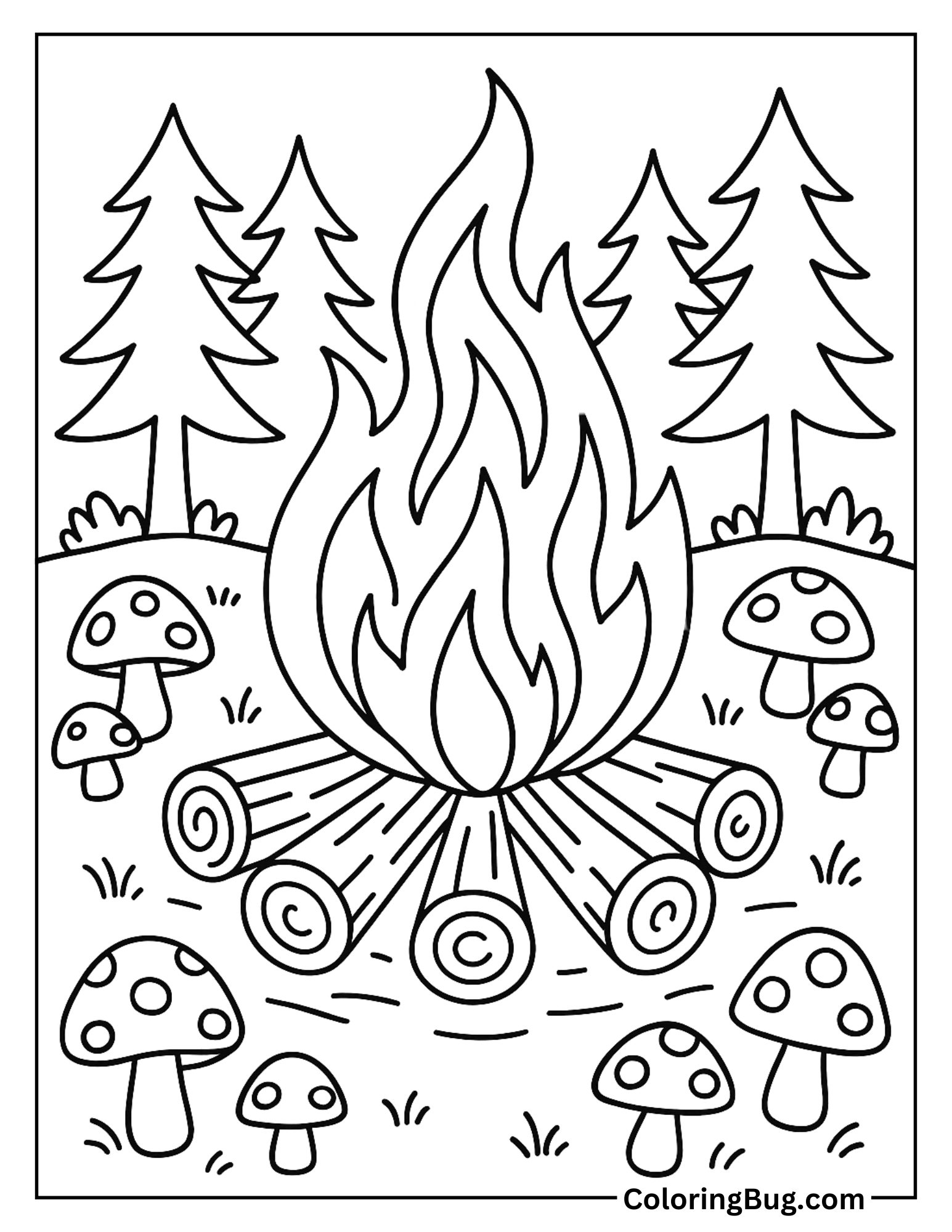 Campfire with Mushrooms Nearby Coloring Sheet