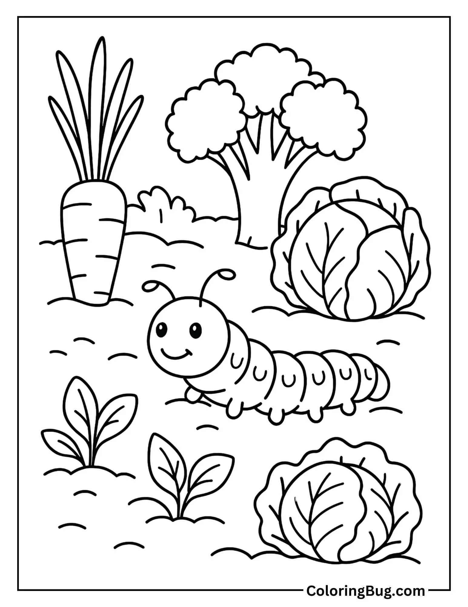 Caterpillar Exploring a Vegetable Patch Coloring Sheet