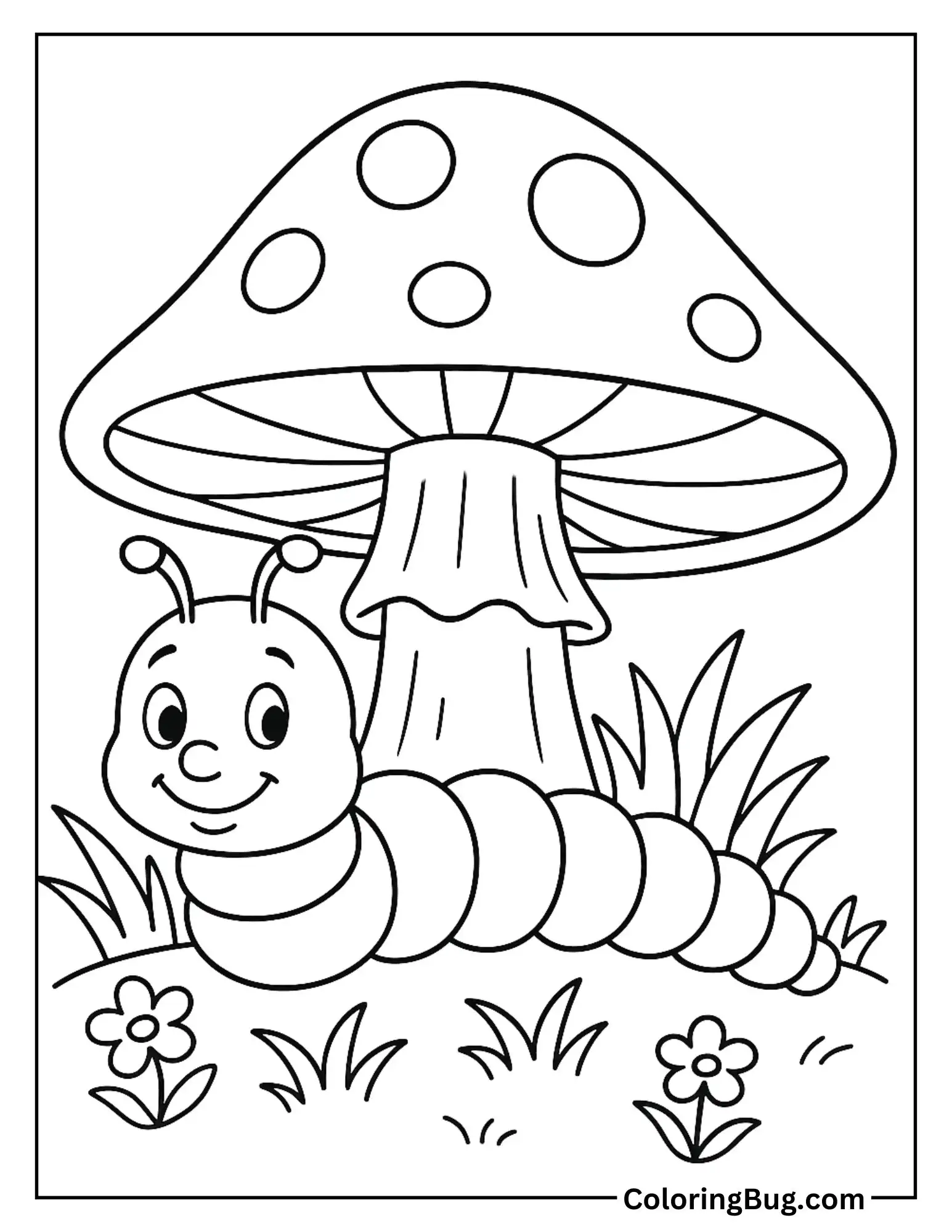 Caterpillar Hiding Under a Mushroom Coloring Sheet