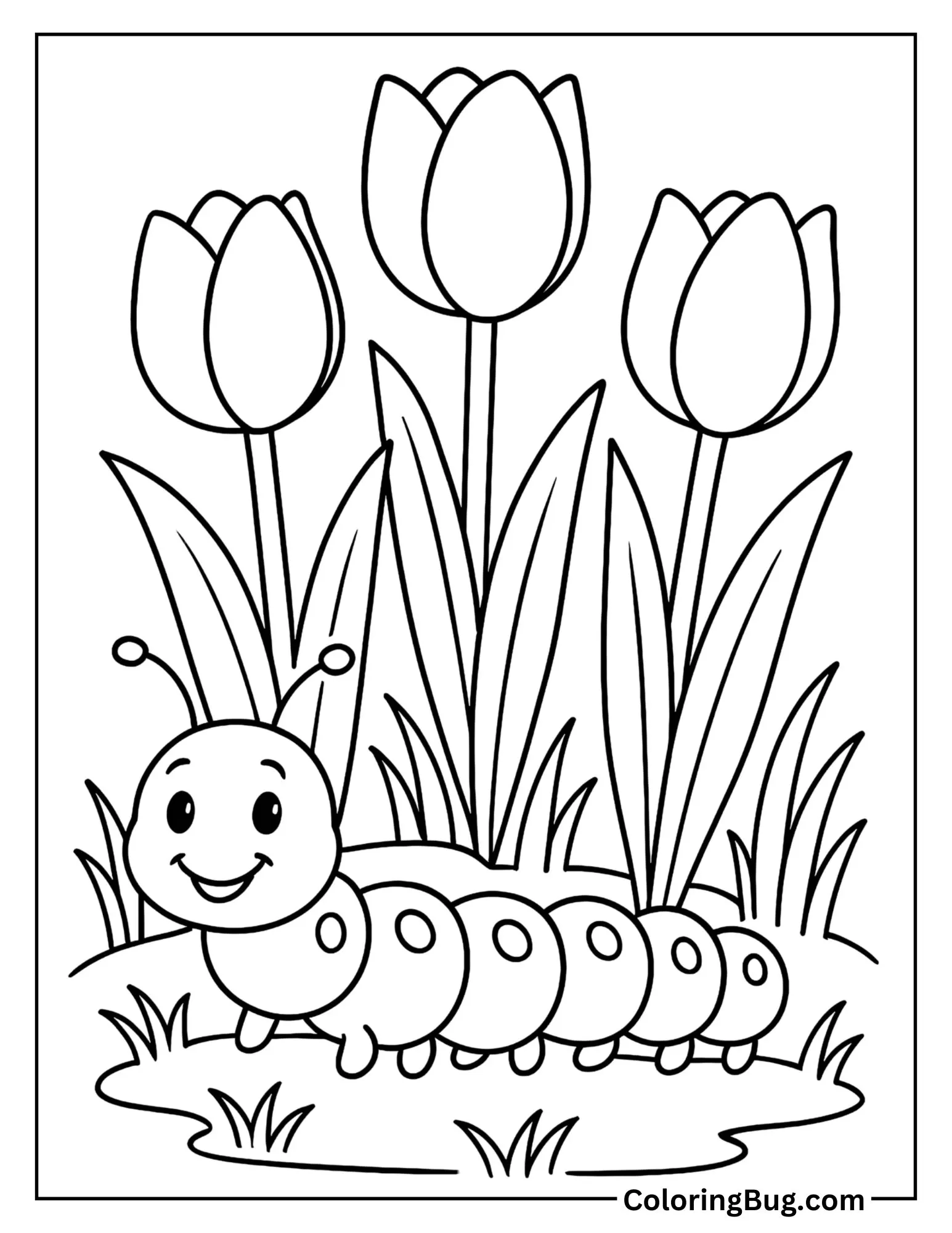 Caterpillar Near a Blooming Tulips Coloring Sheet