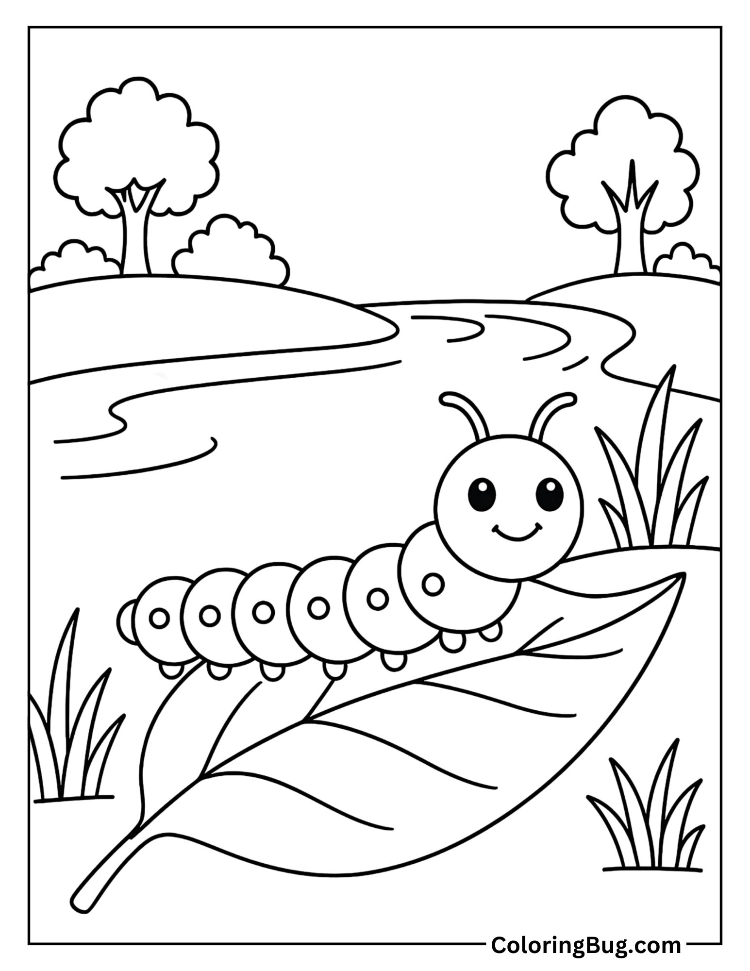 Caterpillar Near a Riverbank Leaf Coloring Sheet