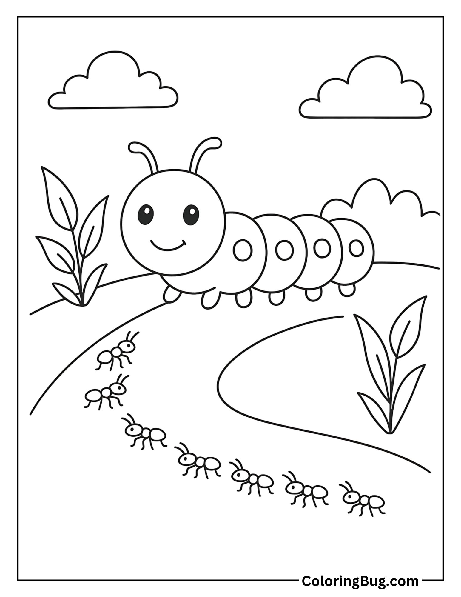 Caterpillar Near a Trail of Ants Coloring Sheet