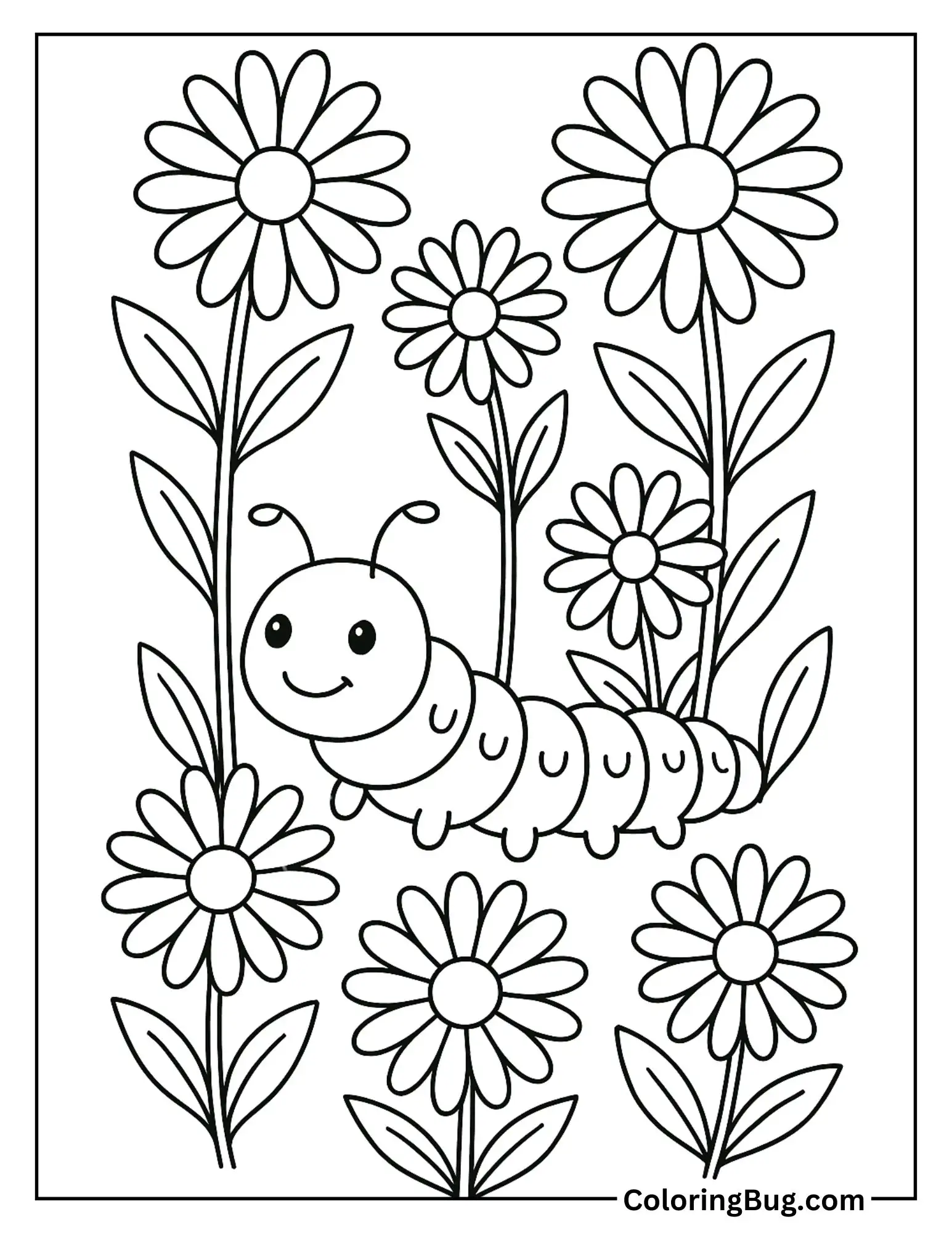Caterpillar Surrounded by Daisies Coloring Sheet