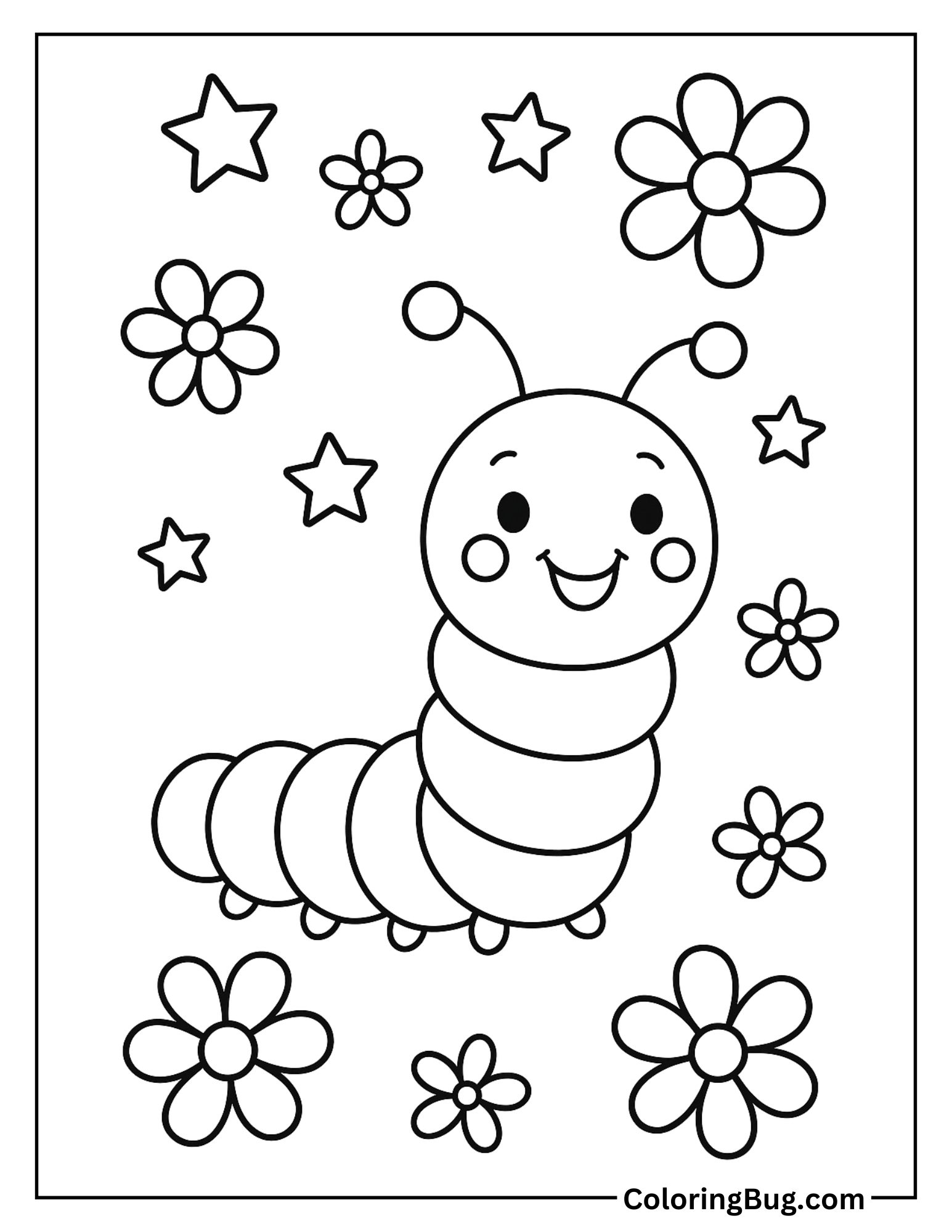 Caterpillar Surrounded by Stars and Flowers Coloring Sheet