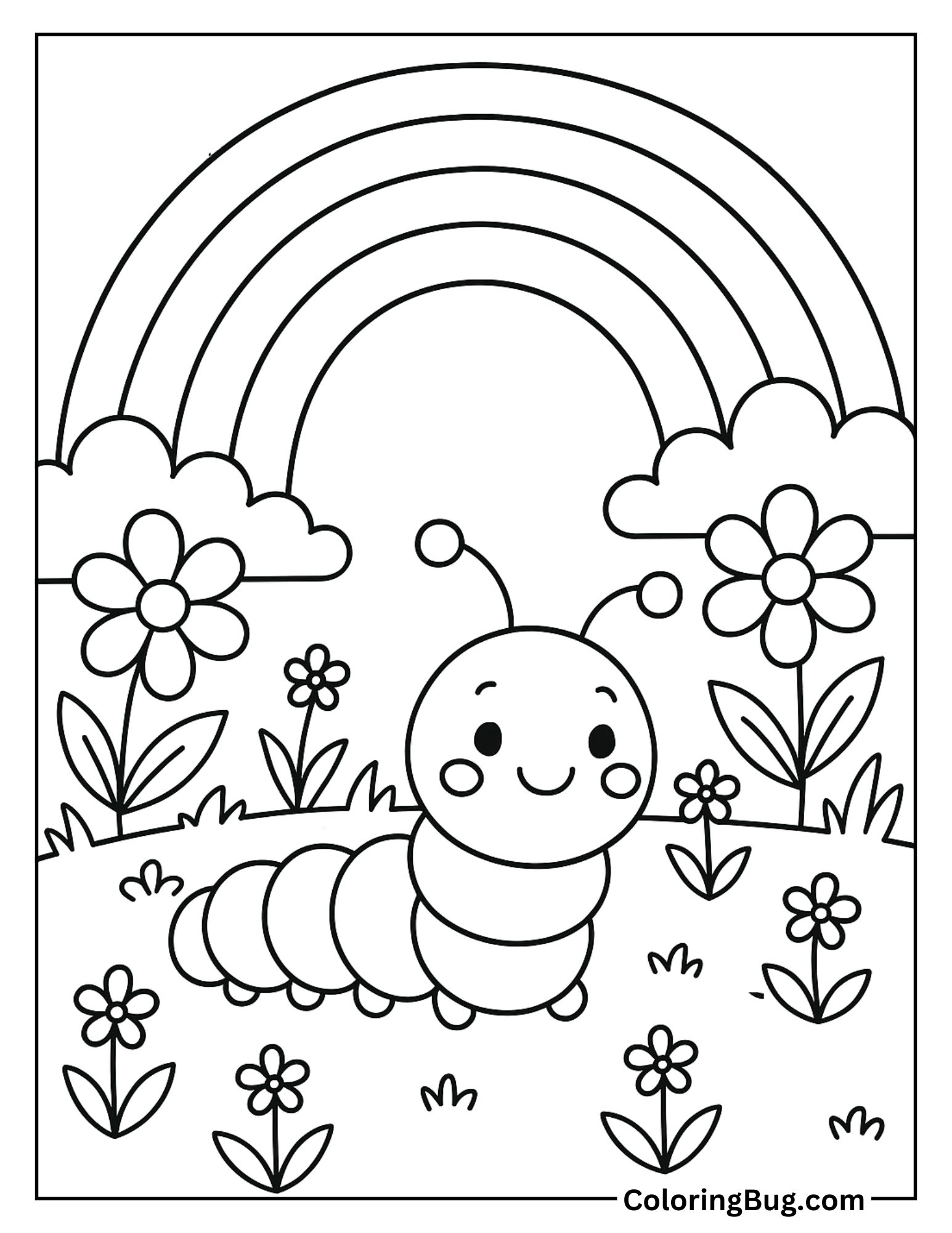 Caterpillar Under a Rainbow in a Garden Coloring Sheet