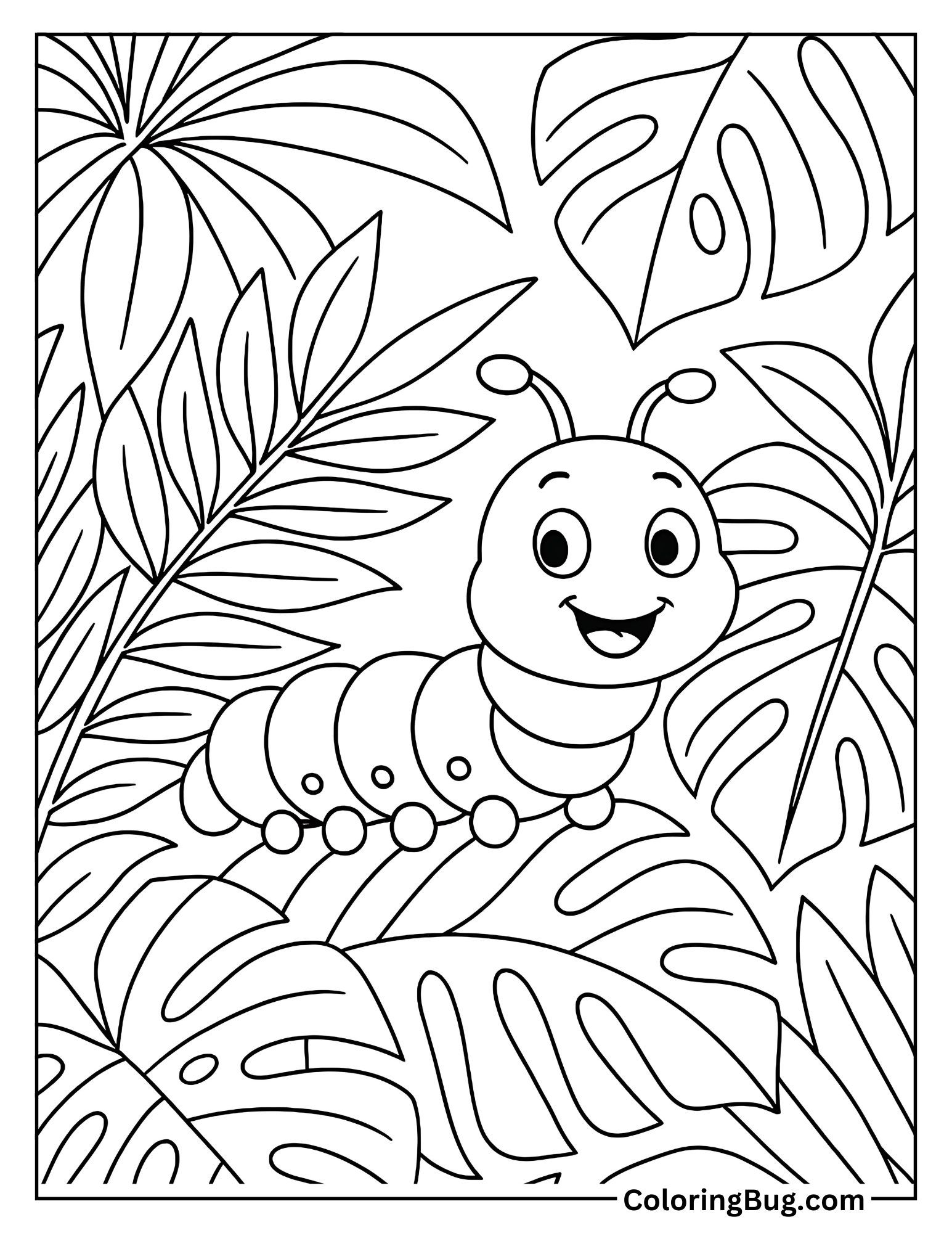 Caterpillar in Jungle Leaves Coloring Sheet