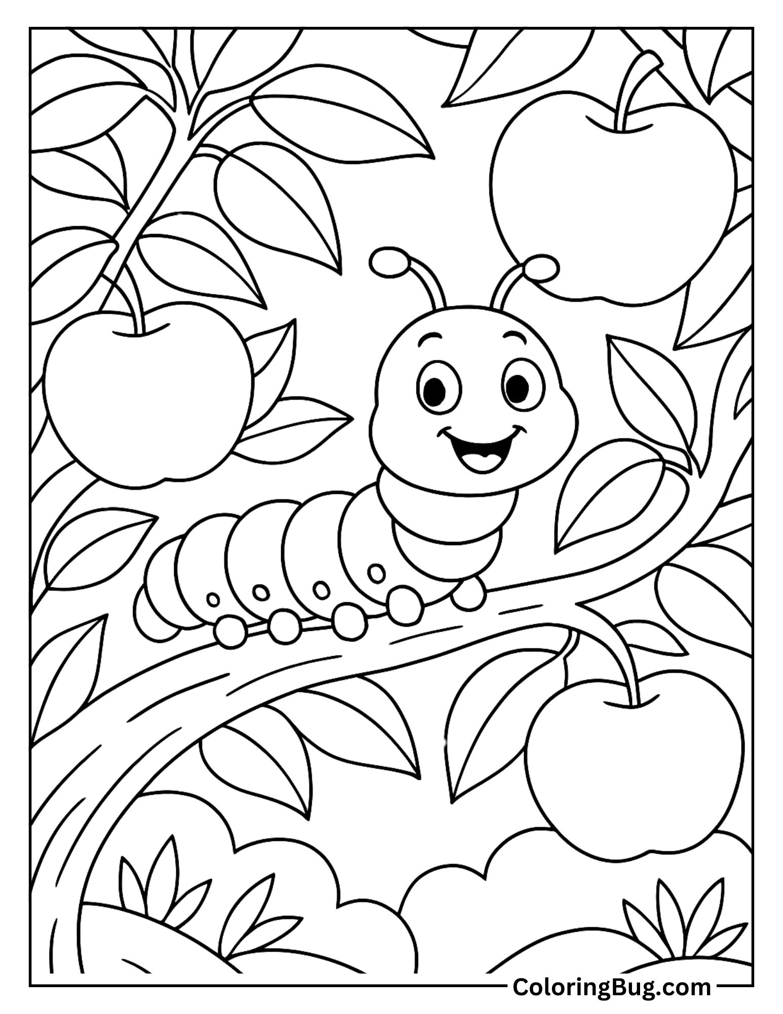 Caterpillar in Orchard Tree Foliage Coloring Sheet