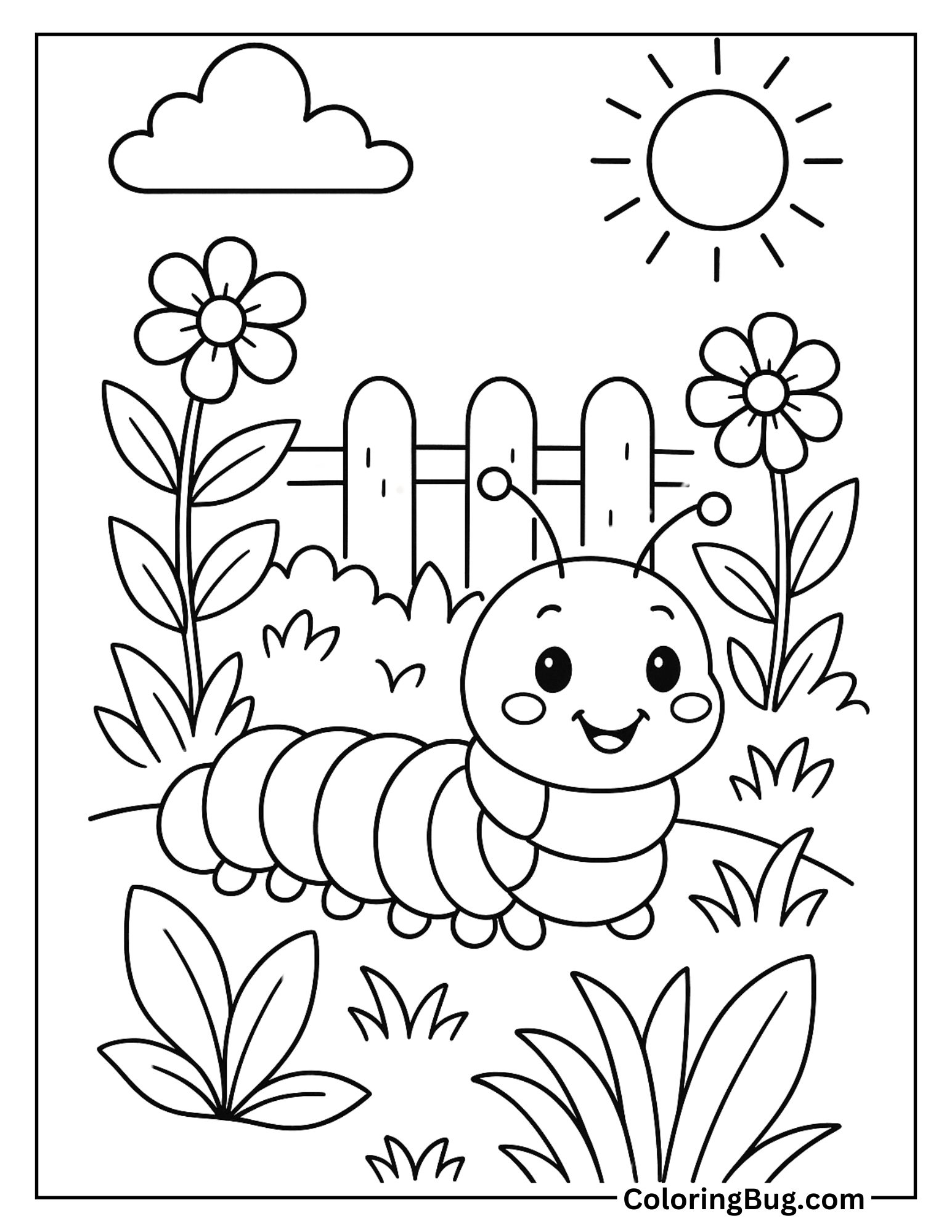 Caterpillar in a Backyard Garden Coloring Sheet