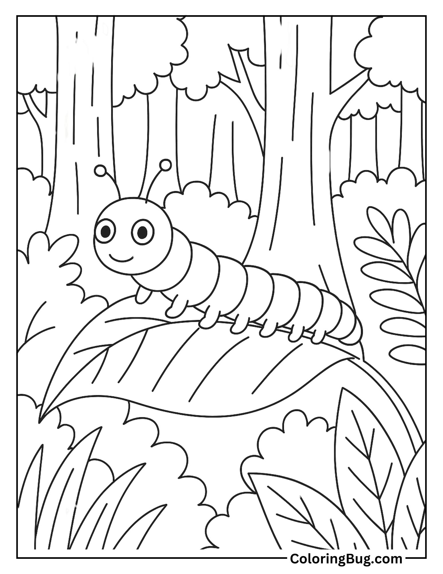 Caterpillar on a Leaf in a Dense Forest Coloring Sheet